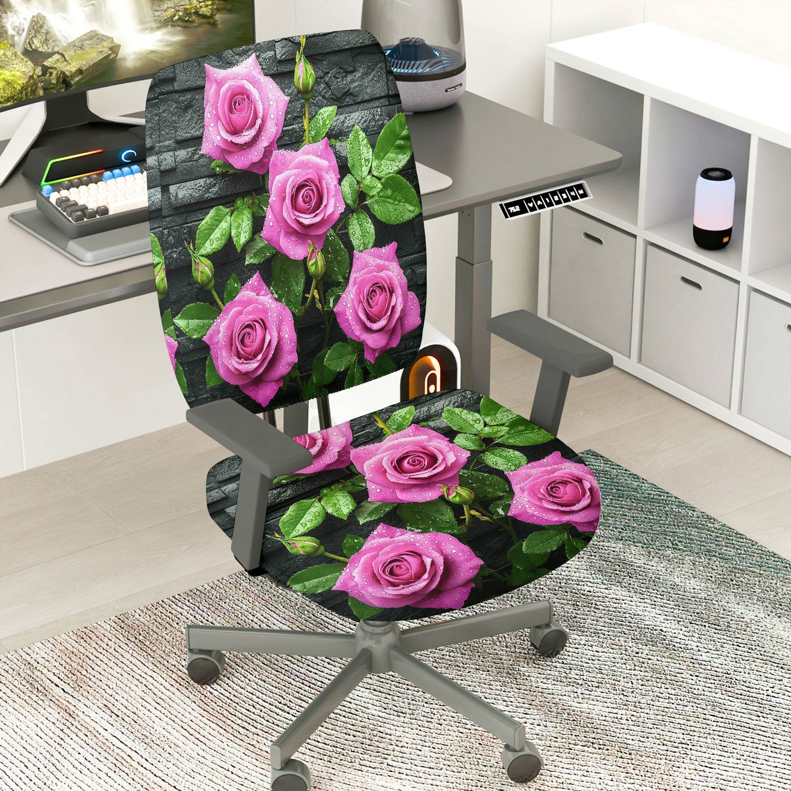 2-Piece Floral Rose Pink Green Black Sophisticated  Computer Chair Cover Set, Seat and Backrest
