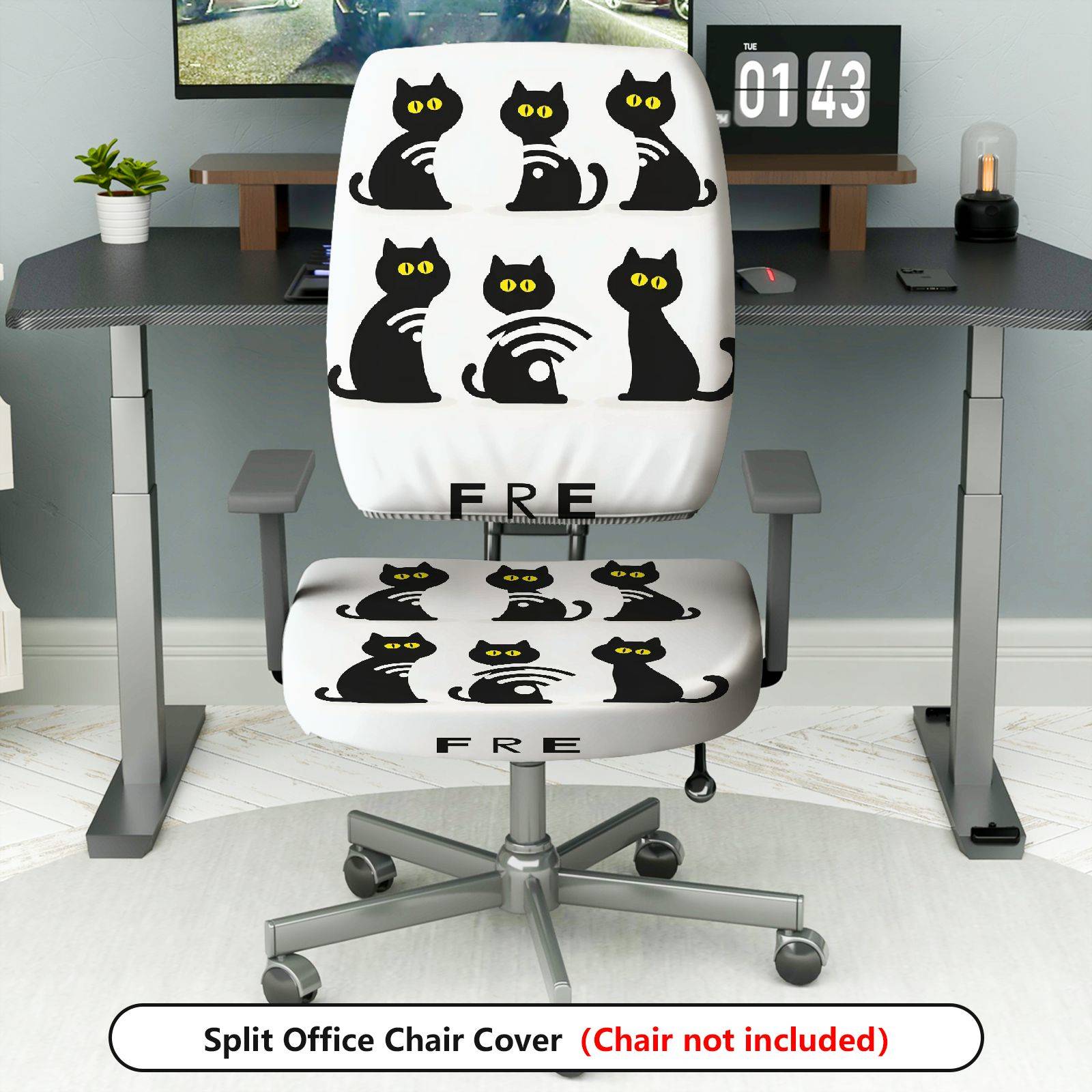 2-Piece Black cat pattern Halloween  Computer Chair Cover Set, Seat and Backrest