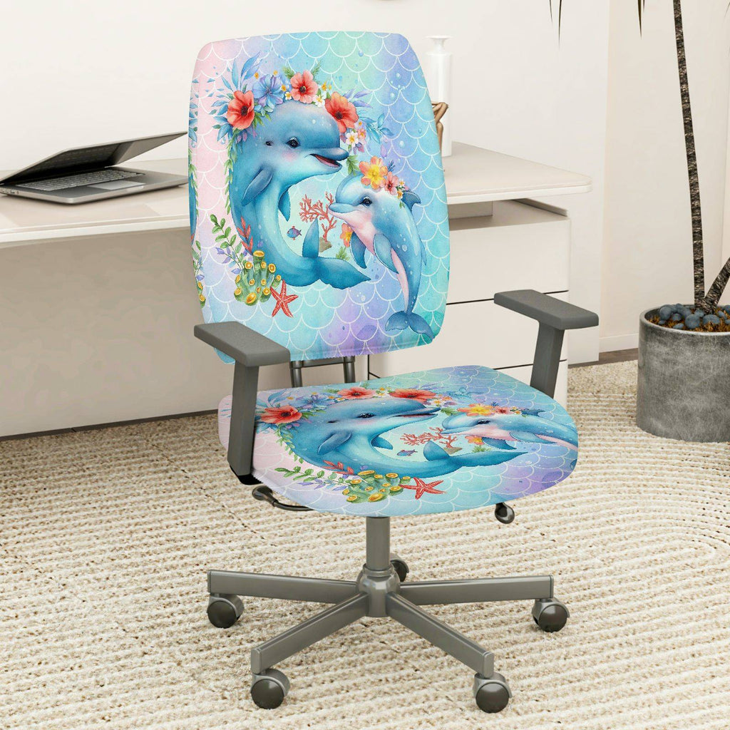 2-Piece Dolphin Ocean Flowers Animal  Computer Chair Cover Set, Seat and Backrest