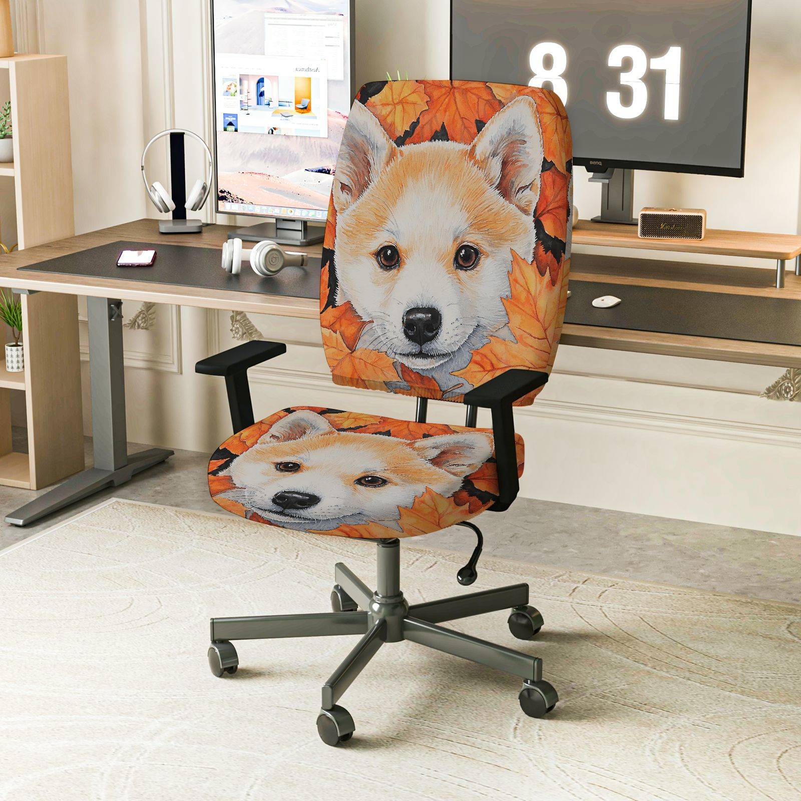 2-Piece Dog Leaf Autumn Animal Nature Home  Computer Chair Cover Set, Seat and Backrest