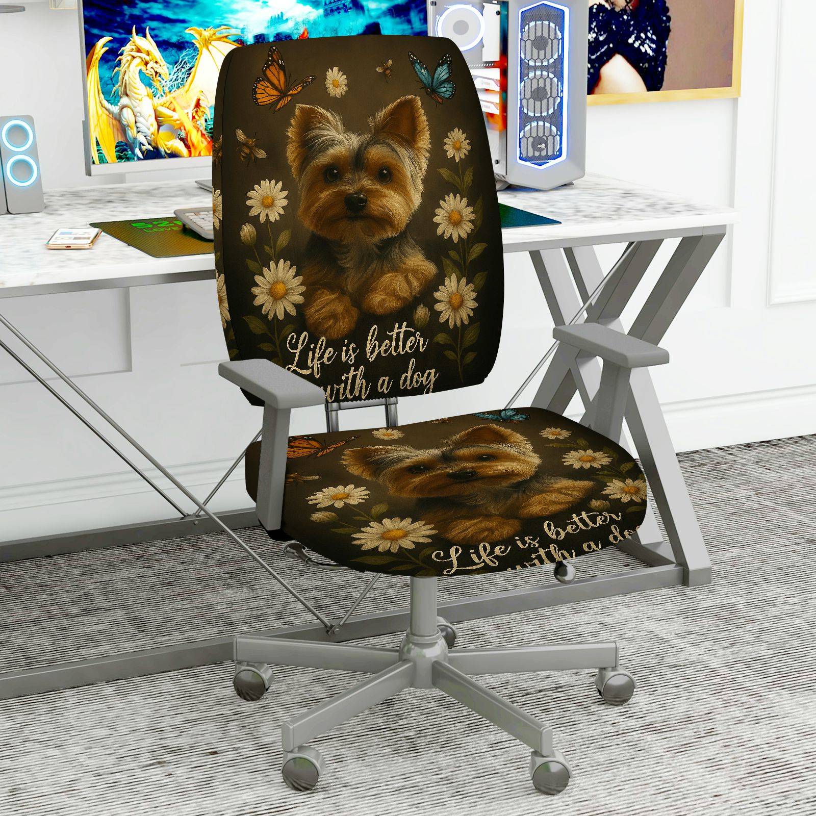 2-Piece Dog Floral Butterfly Phrase  Computer Chair Cover Set, Seat and Backrest
