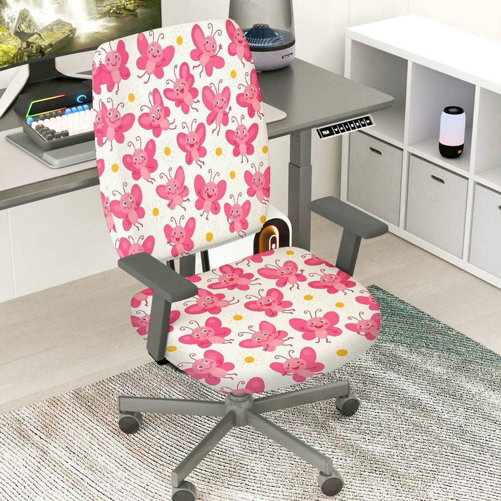 2-Piece Pink Butterfly Floral Cute  Computer Chair Cover Set, Seat and Backrest