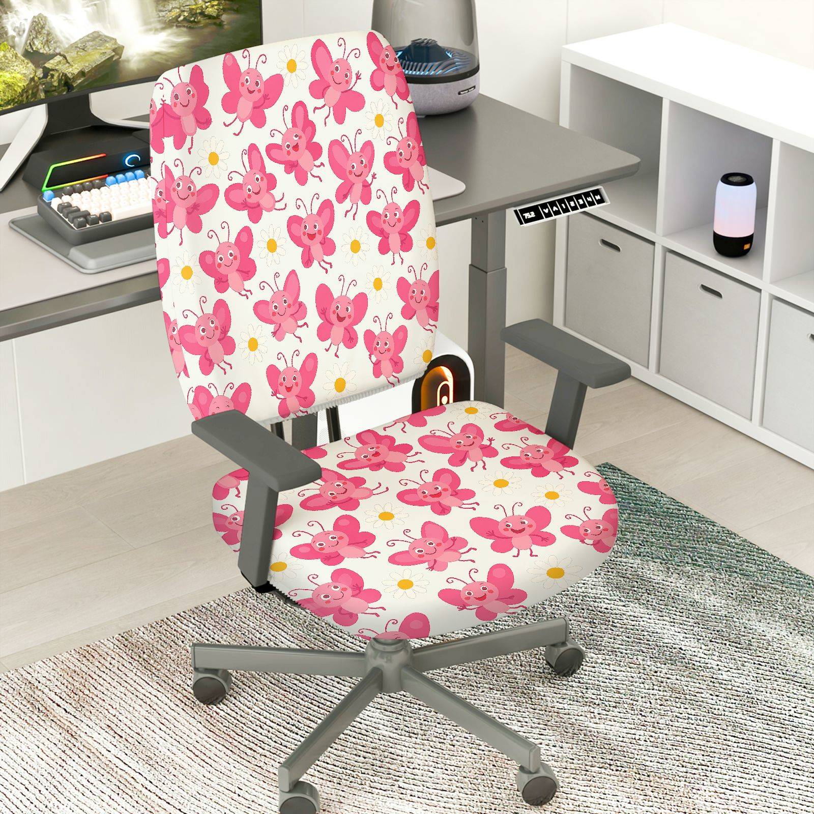 2-Piece Pink Butterfly Floral Cute  Computer Chair Cover Set, Seat and Backrest