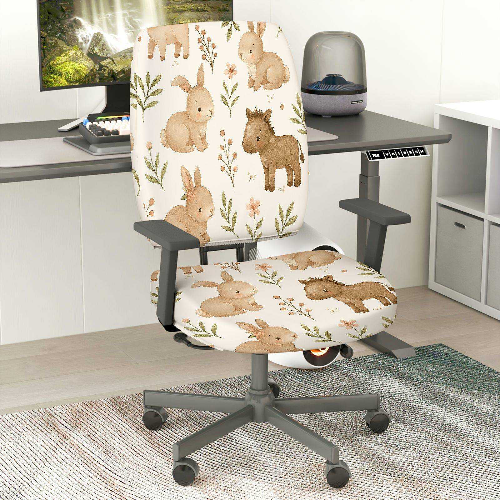 2-Piece Cute Animal Floral Beige Easter  Computer Chair Cover Set, Seat and Backrest