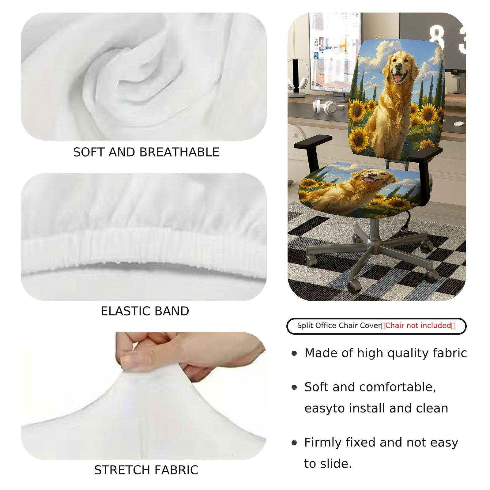 2-Piece Golden Retriever Sunflower Sky Landscape  Computer Chair Cover Set, Seat and Backrest