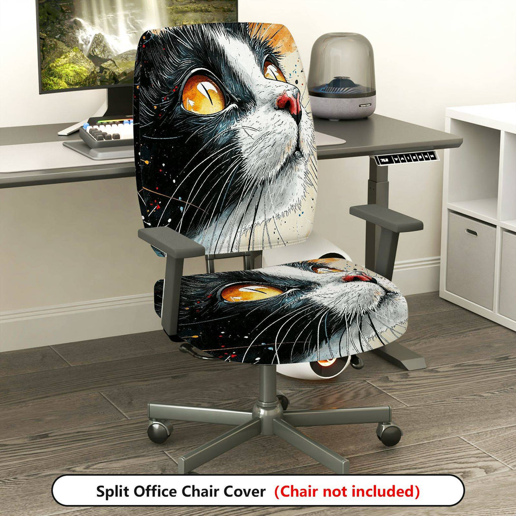 2-Piece Cat Pattern Art Design Animal Print Black White  Computer Chair Cover Set, Seat and Backrest