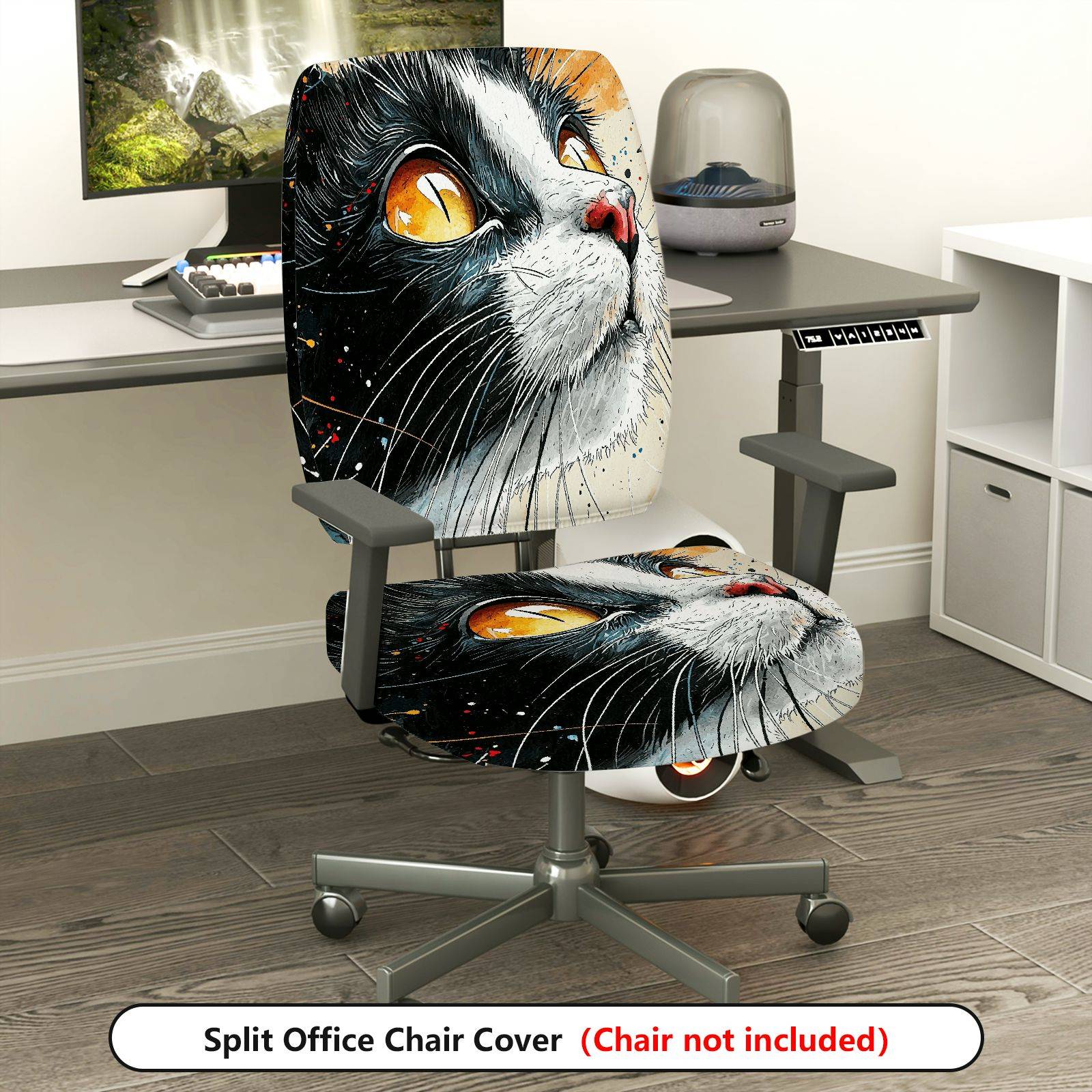 2-Piece Cat Pattern Art Design Animal Print Black White  Computer Chair Cover Set, Seat and Backrest