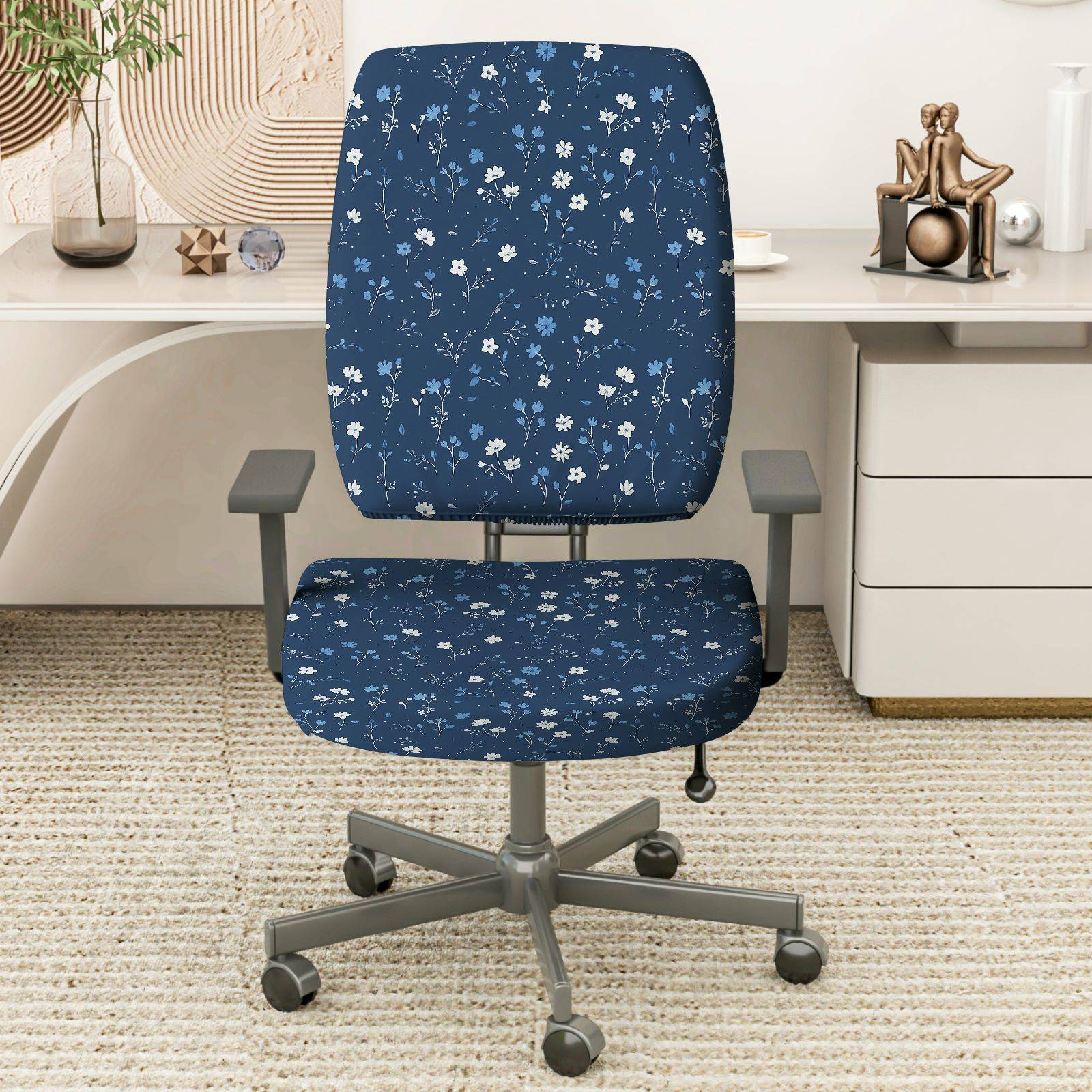 2-Piece Floral Pattern Blue White Flower Nature Decor  Computer Chair Cover Set, Seat and Backrest