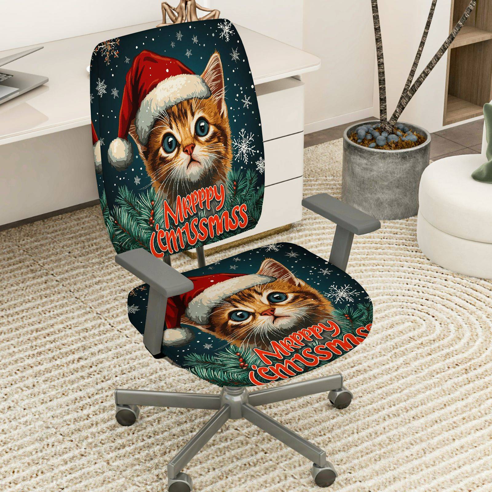 2-Piece Christmas Cat Santa Hat Snow Pine Tree  Computer Chair Cover Set, Seat and Backrest