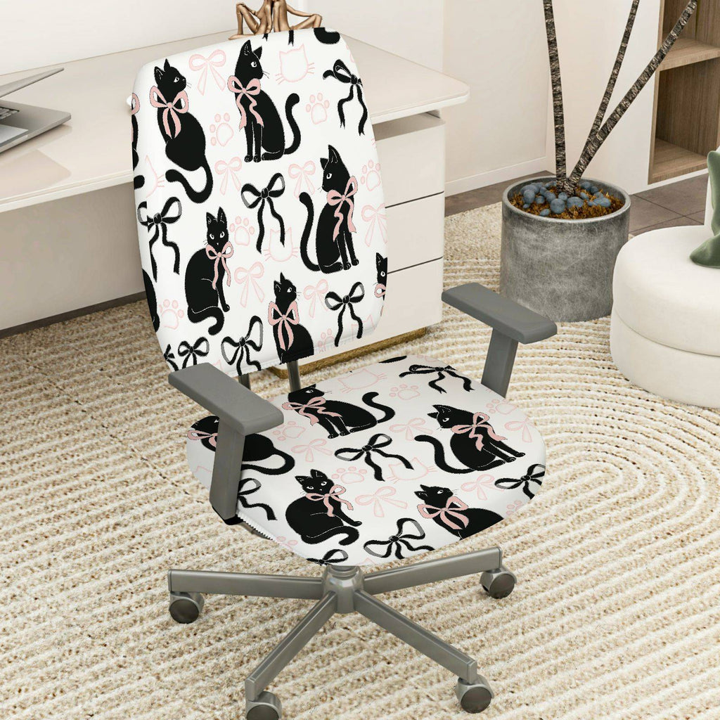 2-Piece Black cat bow paw print  Computer Chair Cover Set, Seat and Backrest