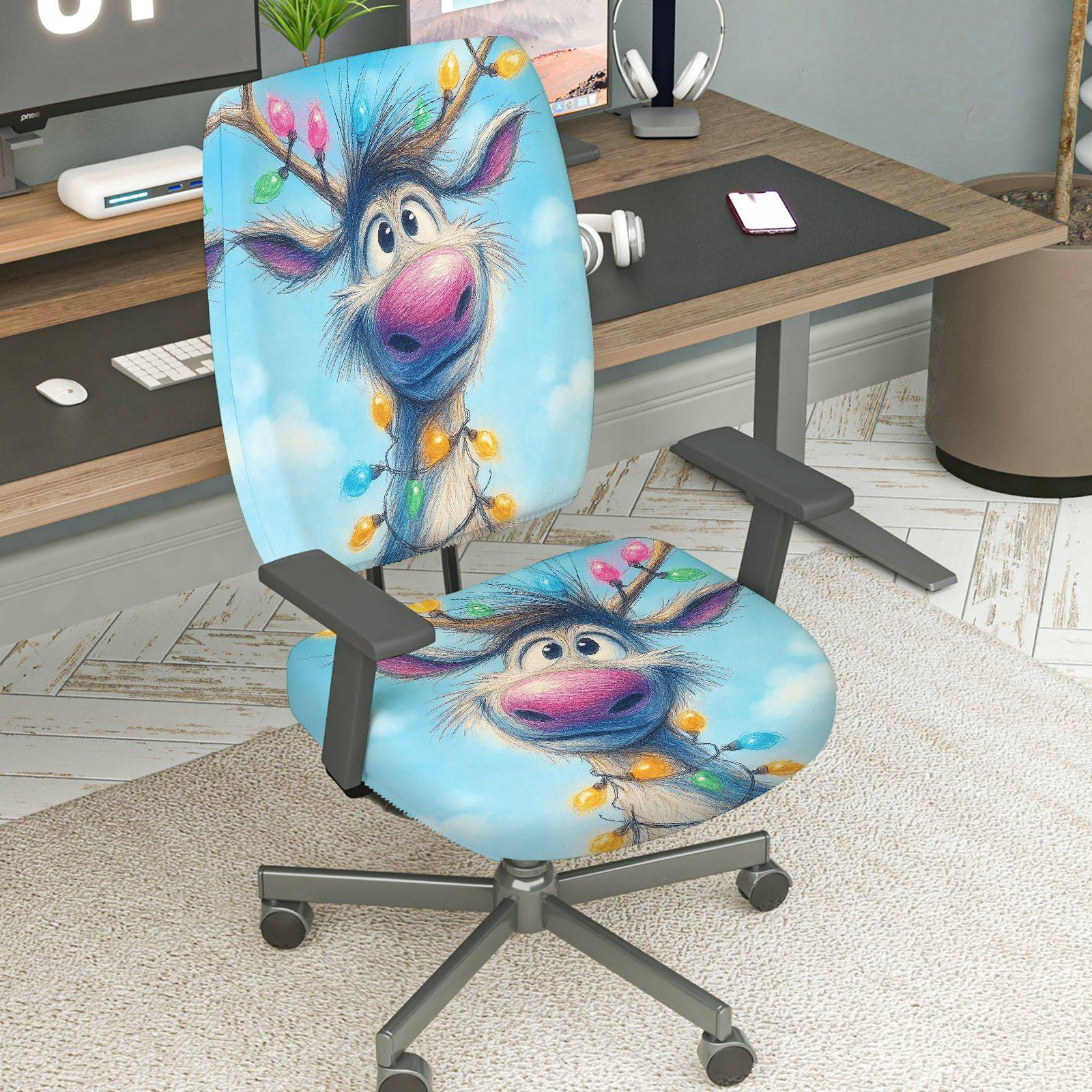 2-Piece Christmas Reindeer Blue Holiday Fun  Computer Chair Cover Set, Seat and Backrest
