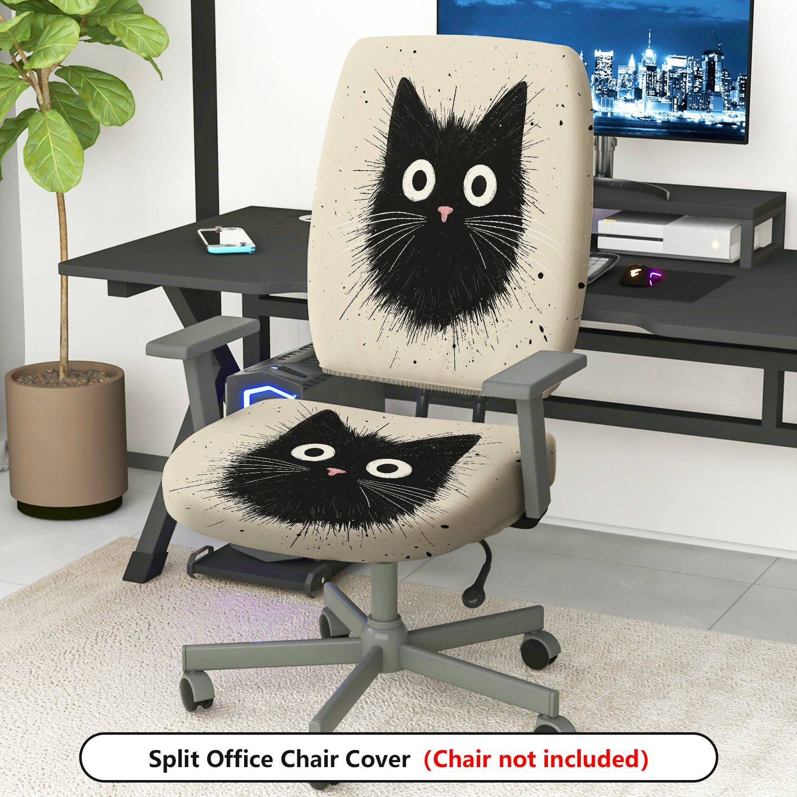 2-Piece Black Cat Halloween Fun Whimsical  Computer Chair Cover Set, Seat and Backrest