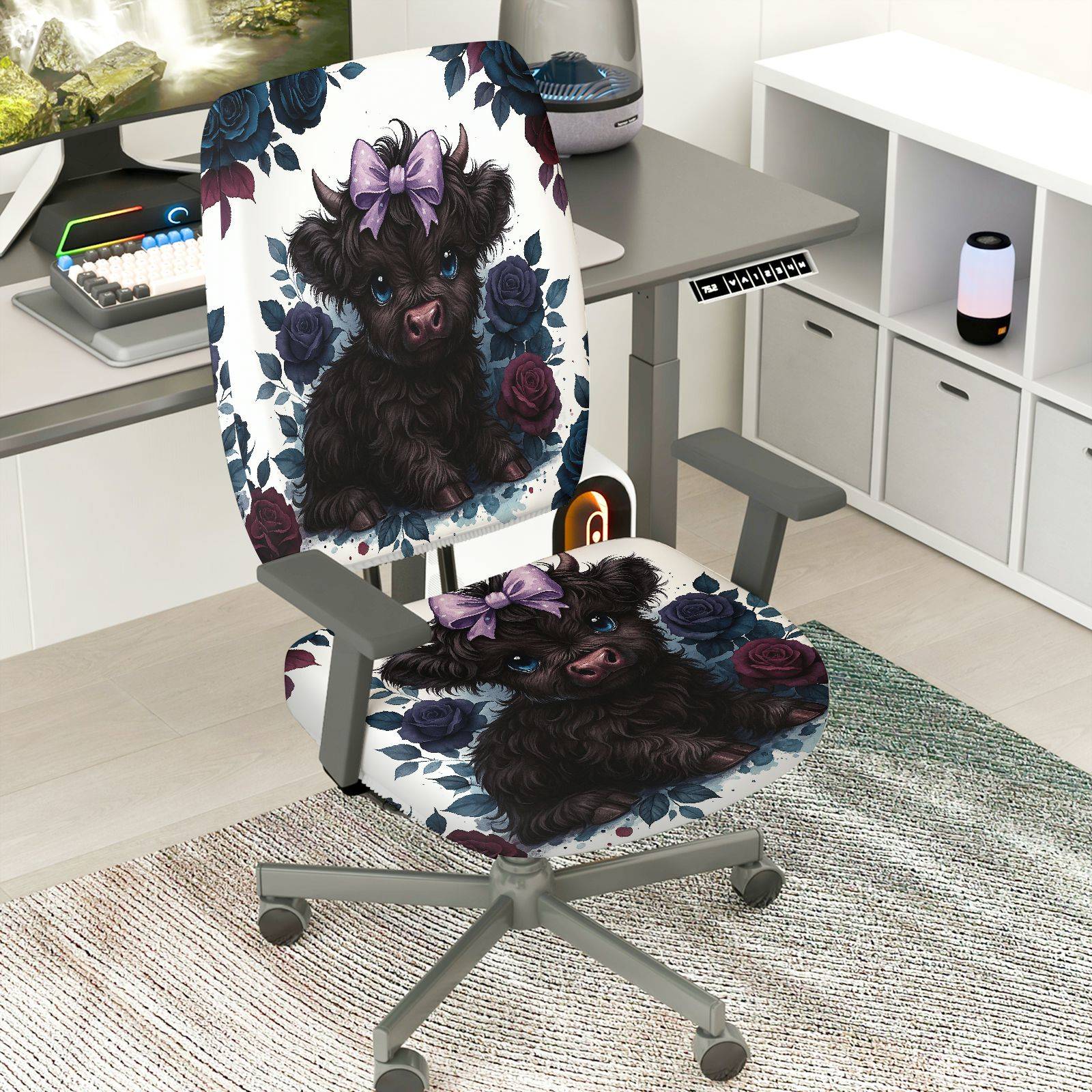 2-Piece Cute Puppy Flower Bow  Computer Chair Cover Set, Seat and Backrest