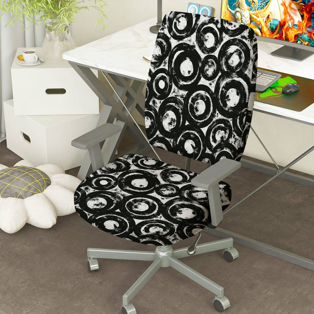 2-Piece Abstract Art Black White Circles  Computer Chair Cover Set, Seat and Backrest