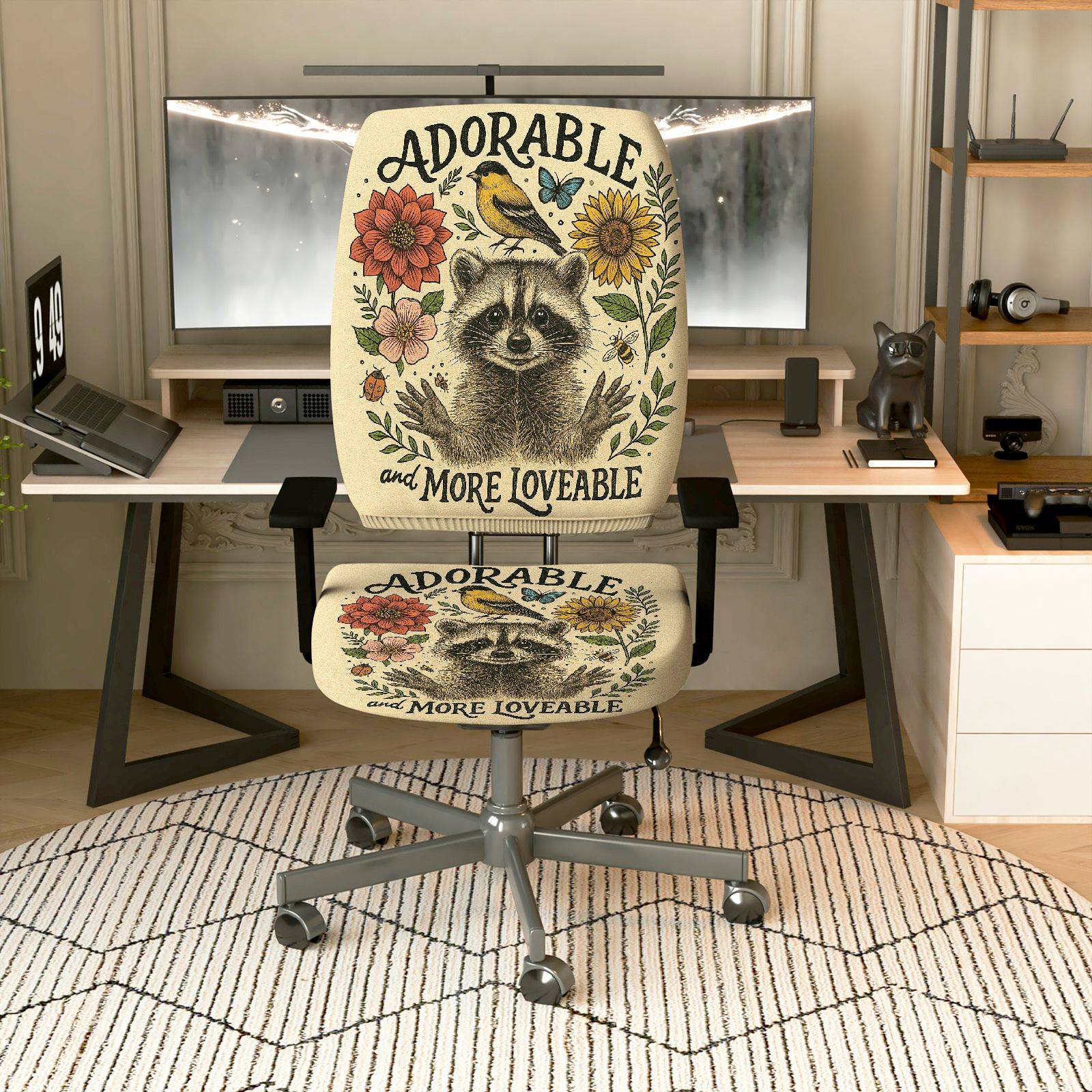 2-Piece Adorable Raccoon Floral Nature Animal  Computer Chair Cover Set, Seat and Backrest