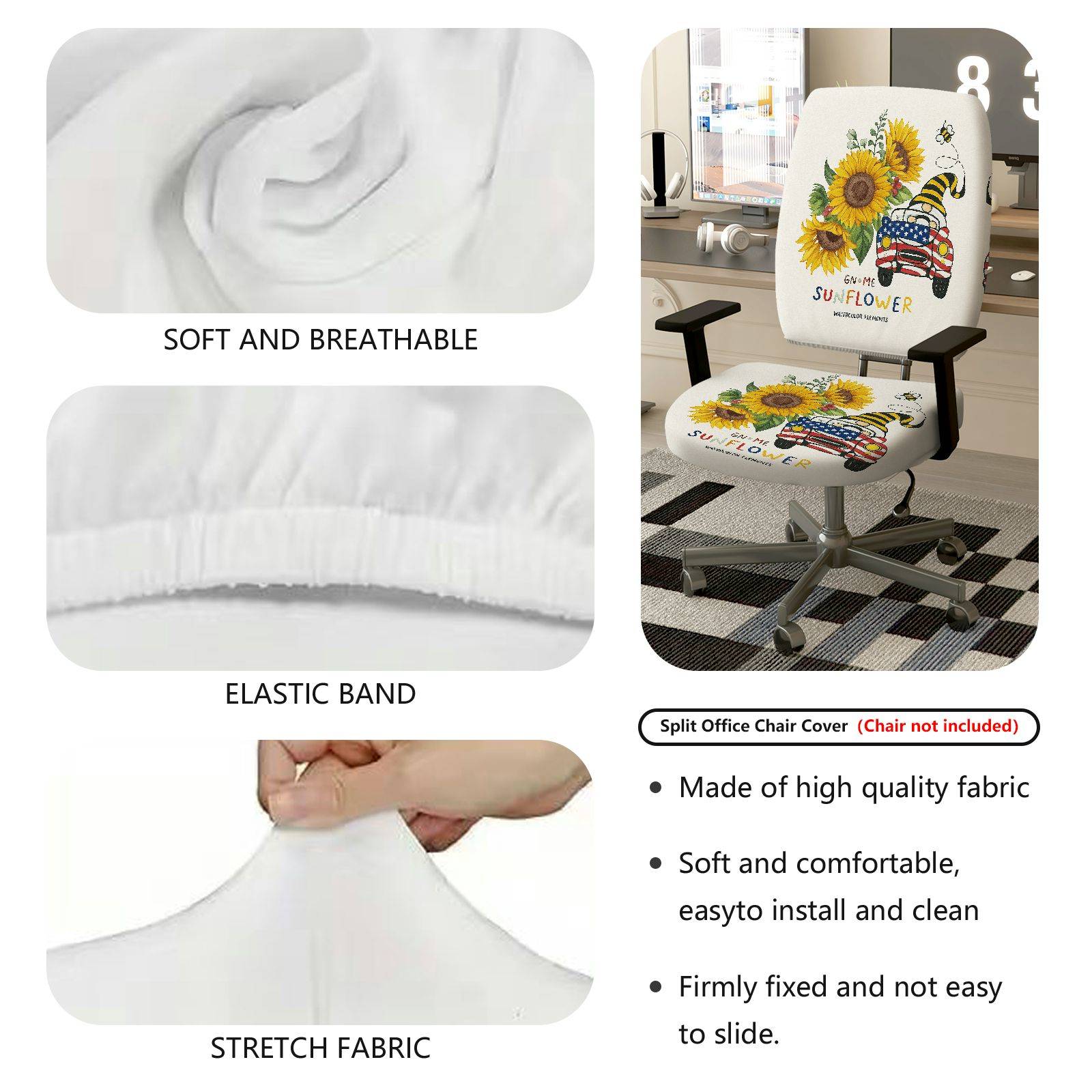 2-Piece Sunflower Gnome Christmas American Vintage Car Bee  Computer Chair Cover Set, Seat and Backrest