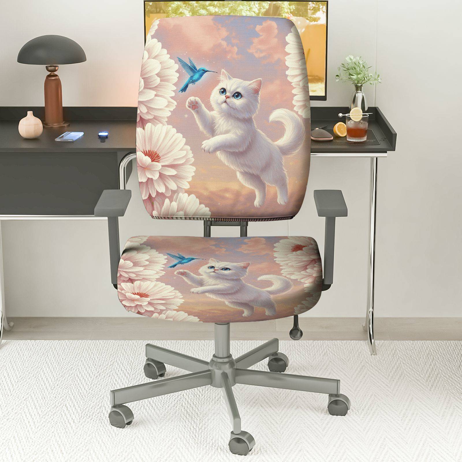 2-Piece Floral Cat Bird Clouds Sunset  Computer Chair Cover Set, Seat and Backrest