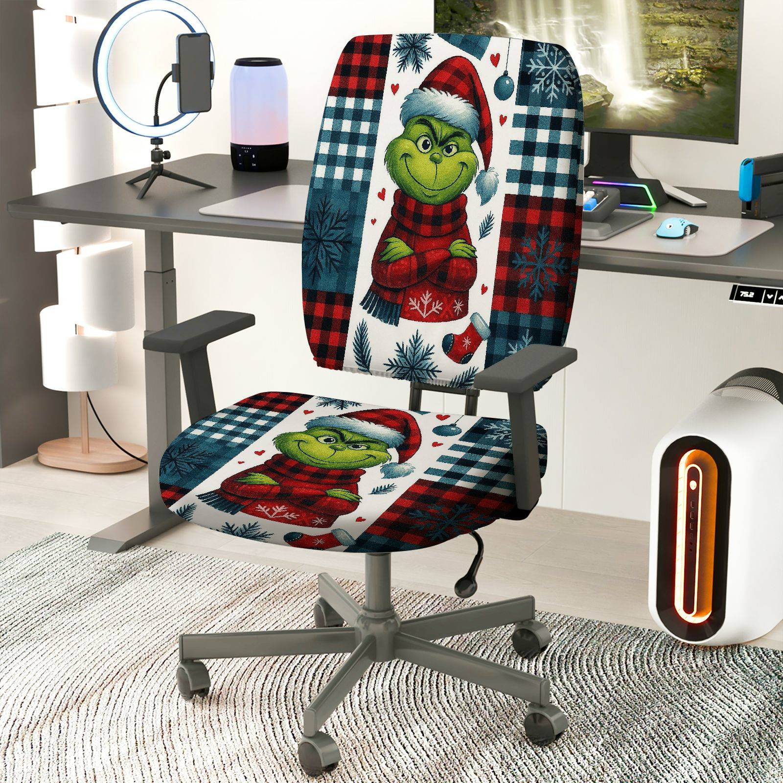 2-Piece Christmas Grinch Plaid Snowflake Holiday  Computer Chair Cover Set, Seat and Backrest