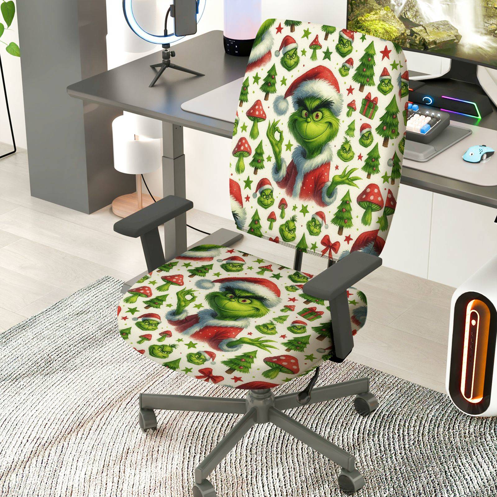 2-Piece Christmas Grinch Santa Tree Gift Decoration  Computer Chair Cover Set, Seat and Backrest