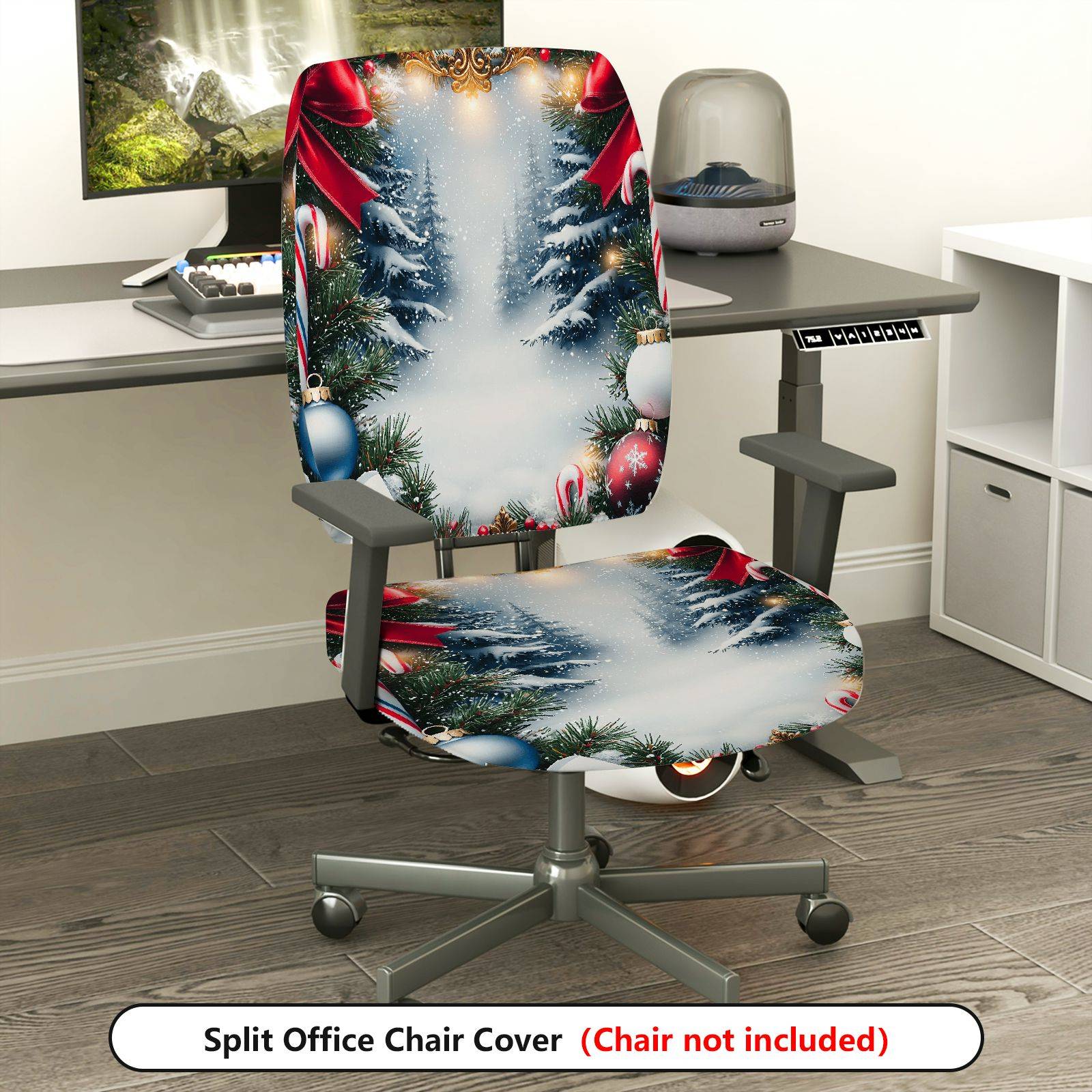 2-Piece Christmas Winter Snow Forest Tree Red Ribbon  Computer Chair Cover Set, Seat and Backrest