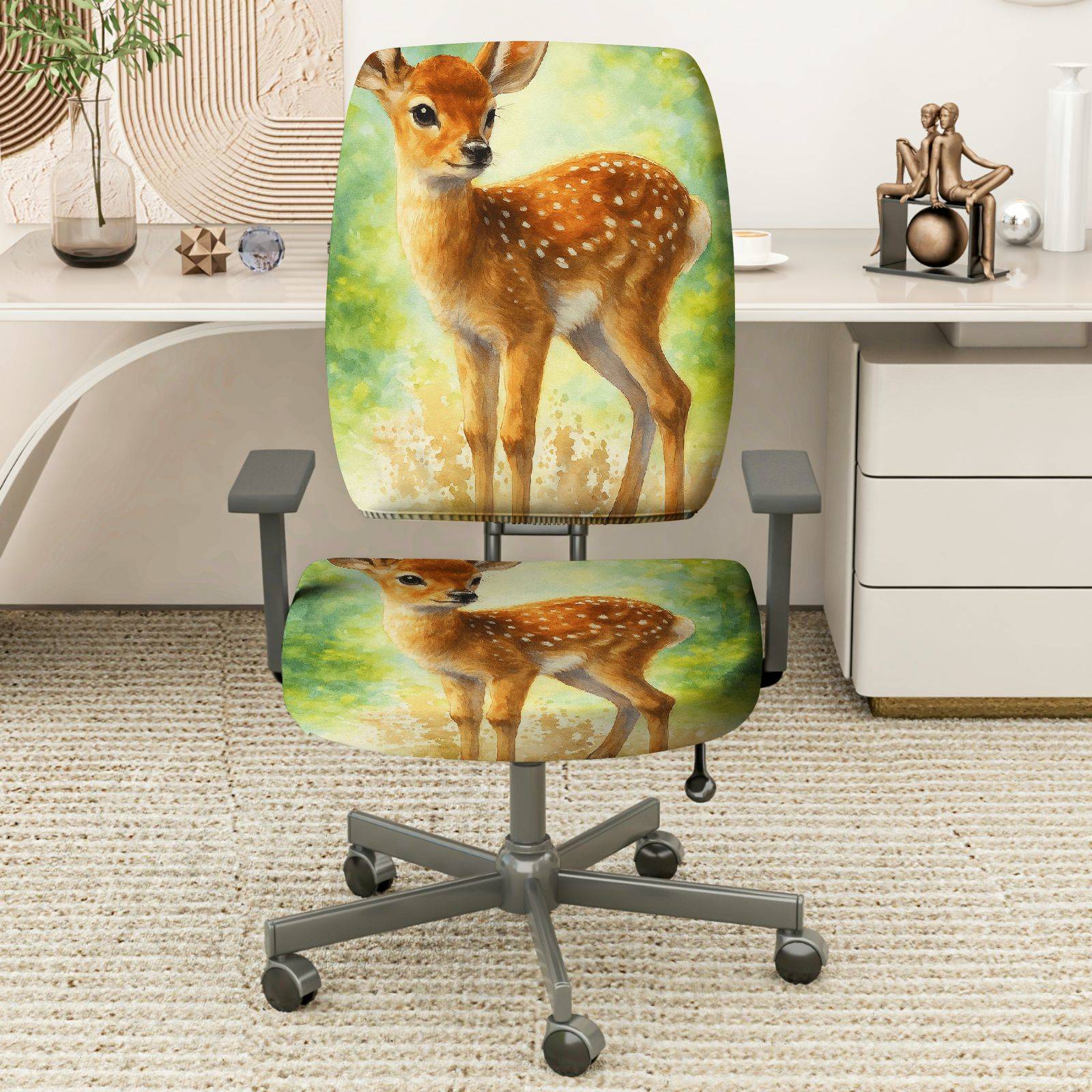 2-Piece Deer Forest Nature Art Animal Wildlife  Computer Chair Cover Set, Seat and Backrest