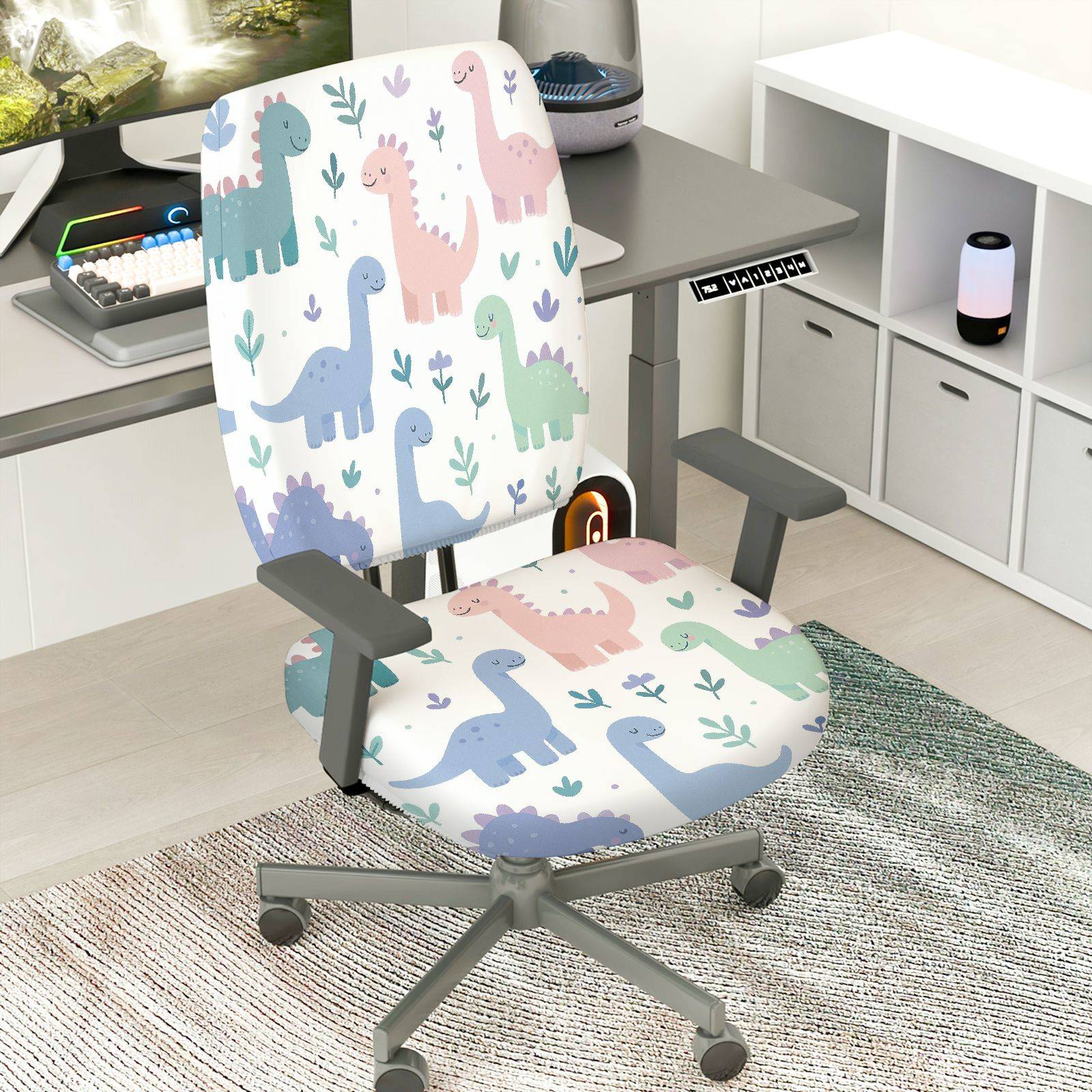 2-Piece Cute Dinosaur Pattern Decorative Printed  Computer Chair Cover Set, Seat and Backrest