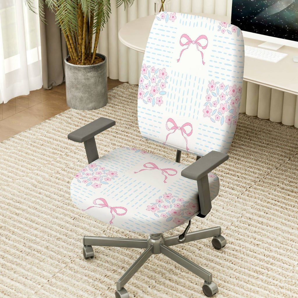 2-Piece Floral Bowknot Pastel Cute Decorative  Computer Chair Cover Set, Seat and Backrest