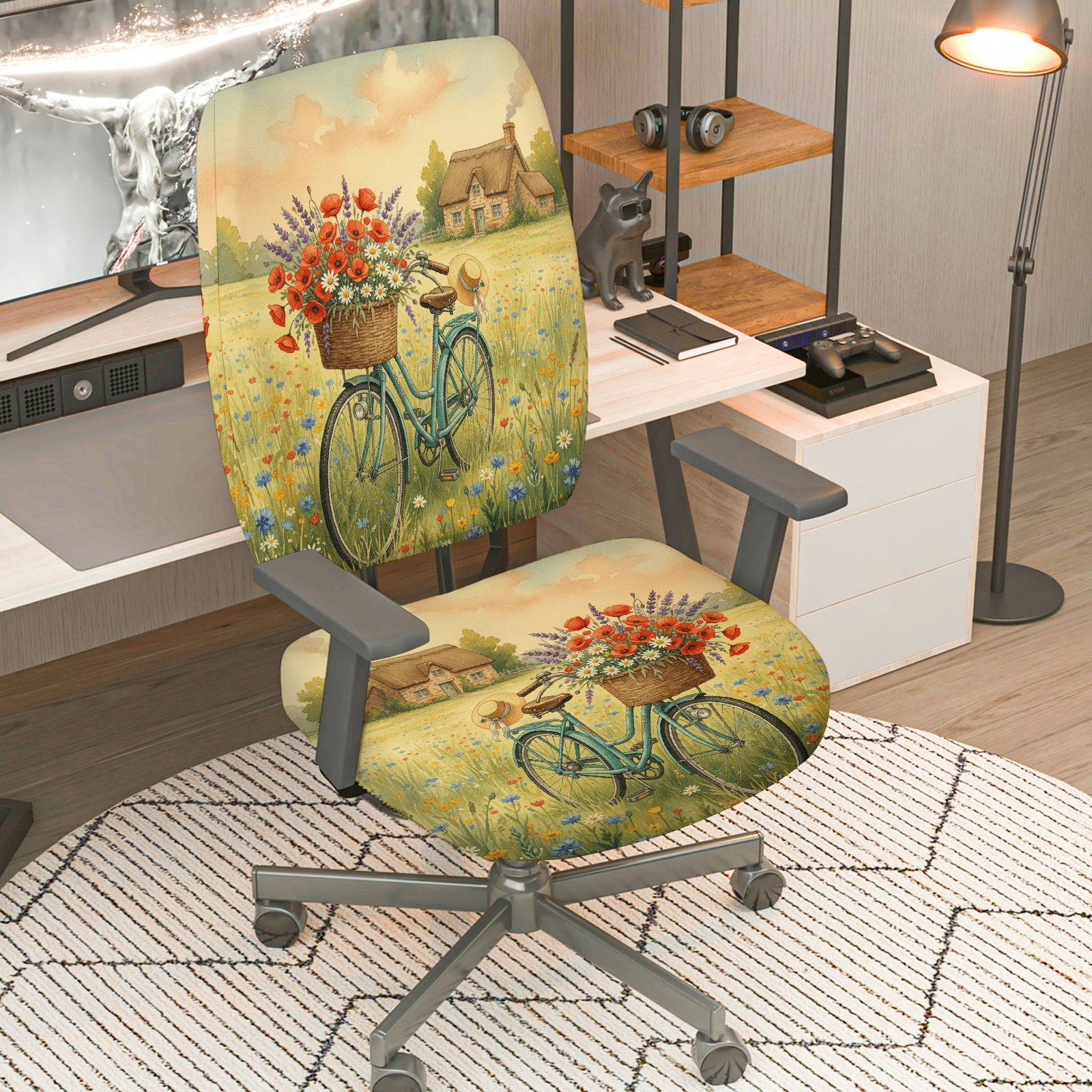 2-Piece Vintage Bicycle Flowers Landscape Country House  Computer Chair Cover Set, Seat and Backrest