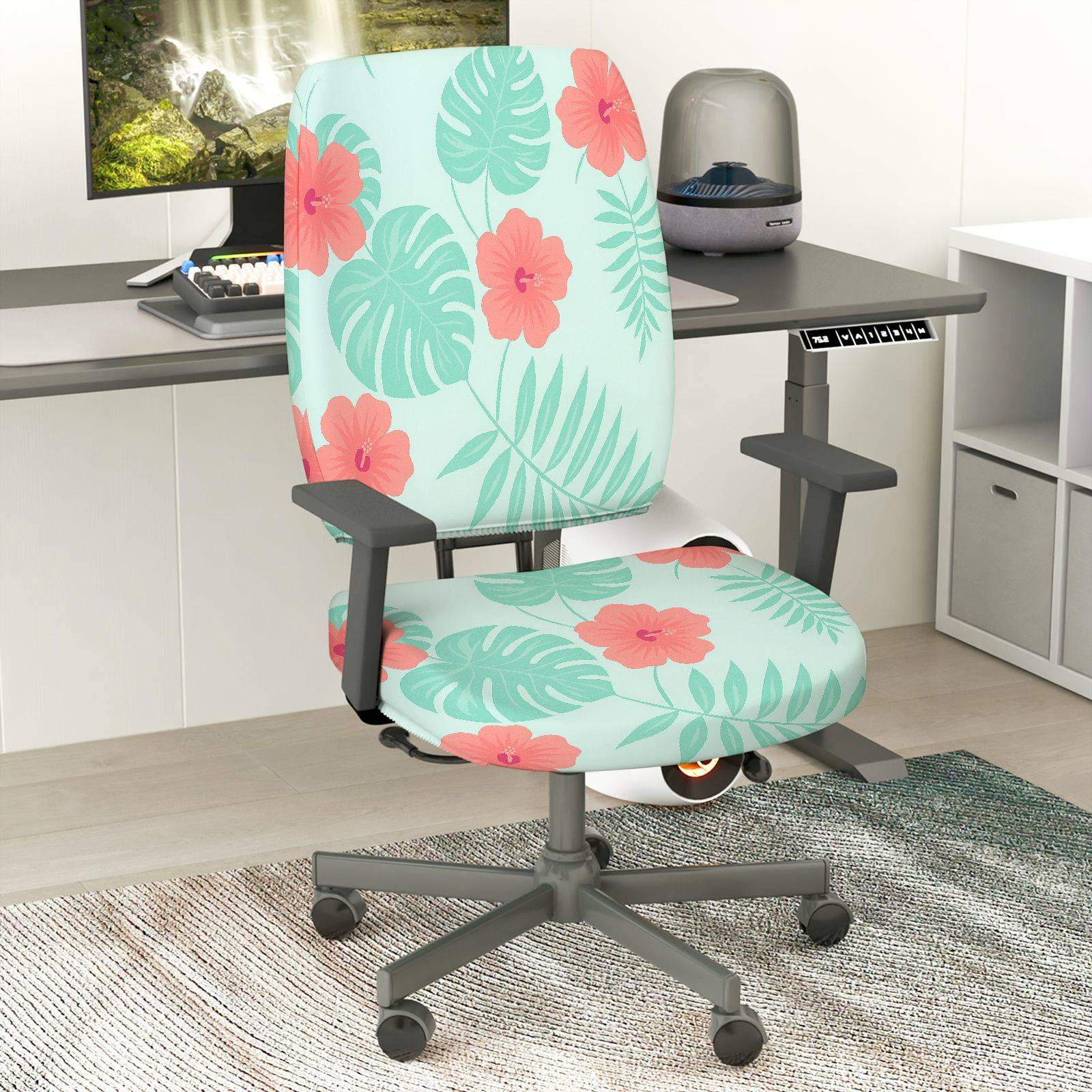 2-Piece Tropical Flower Leaf Pattern Green Pink  Computer Chair Cover Set, Seat and Backrest