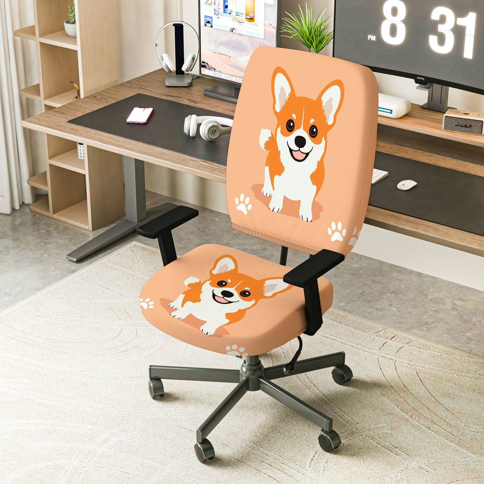 2-Piece Cute Dog Animal Print Fun Decorative Novelty  Computer Chair Cover Set, Seat and Backrest