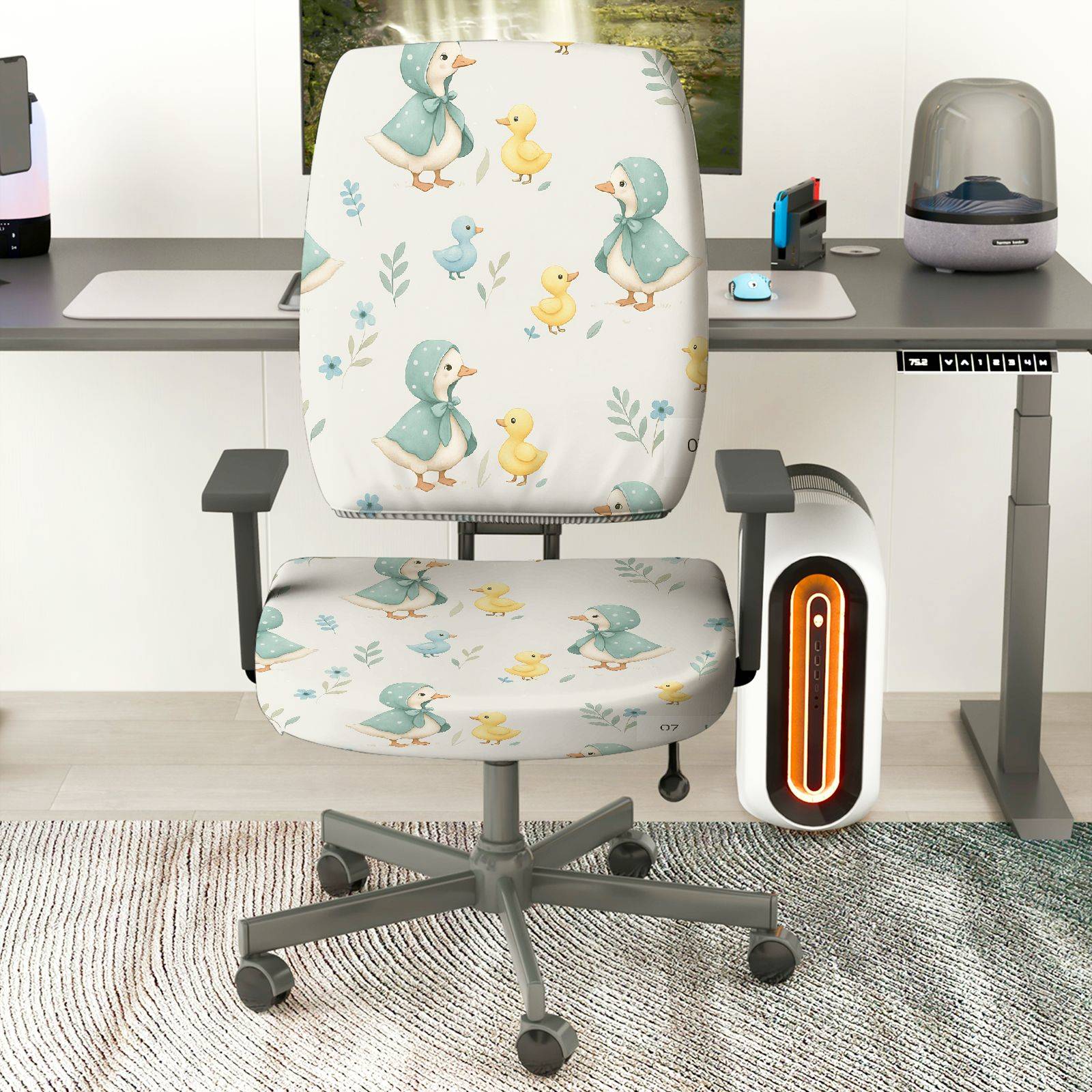 2-Piece Duck Floral Pastel Cute Playful  Computer Chair Cover Set, Seat and Backrest