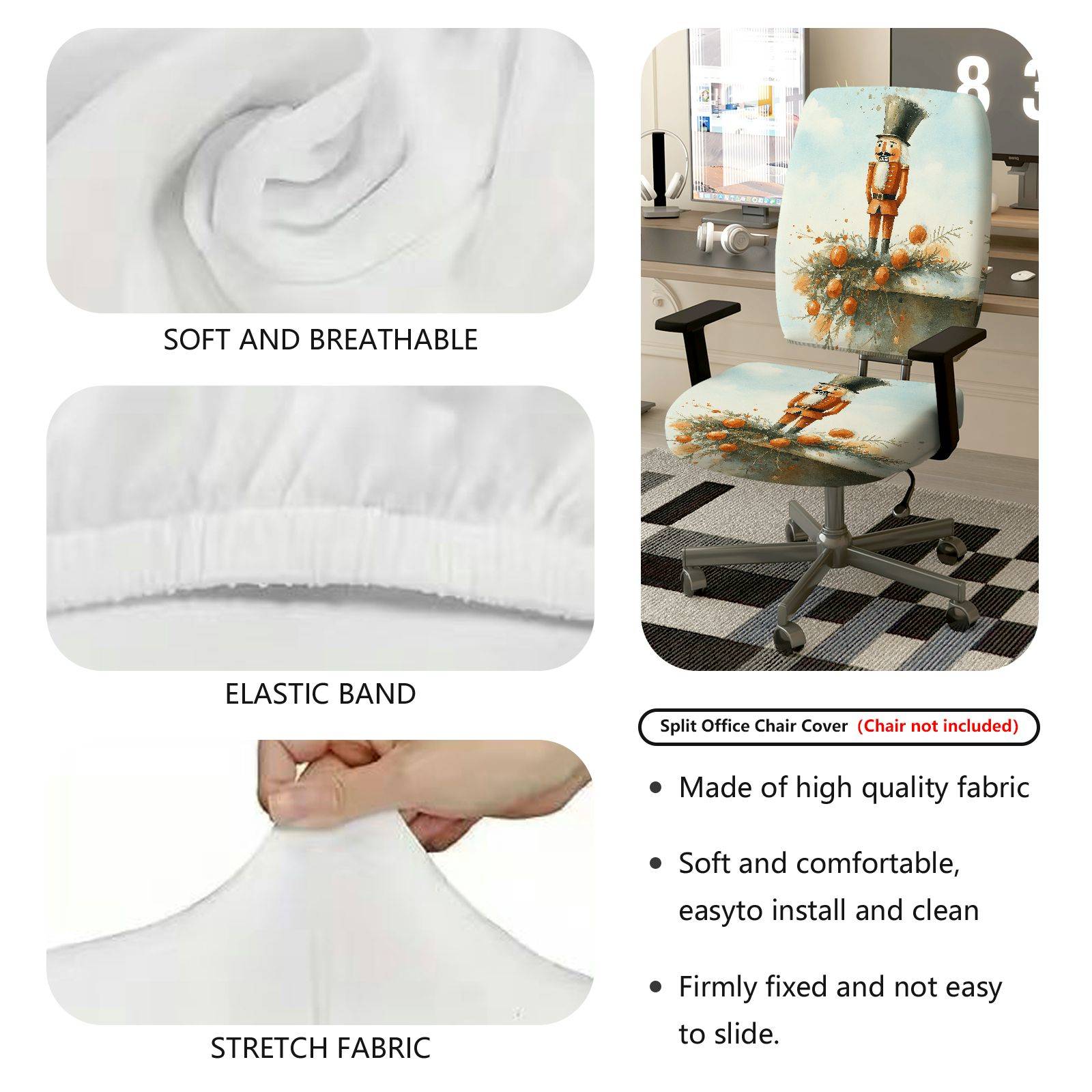 2-Piece Nutcracker Christmas Holiday Festive Decorative  Computer Chair Cover Set, Seat and Backrest