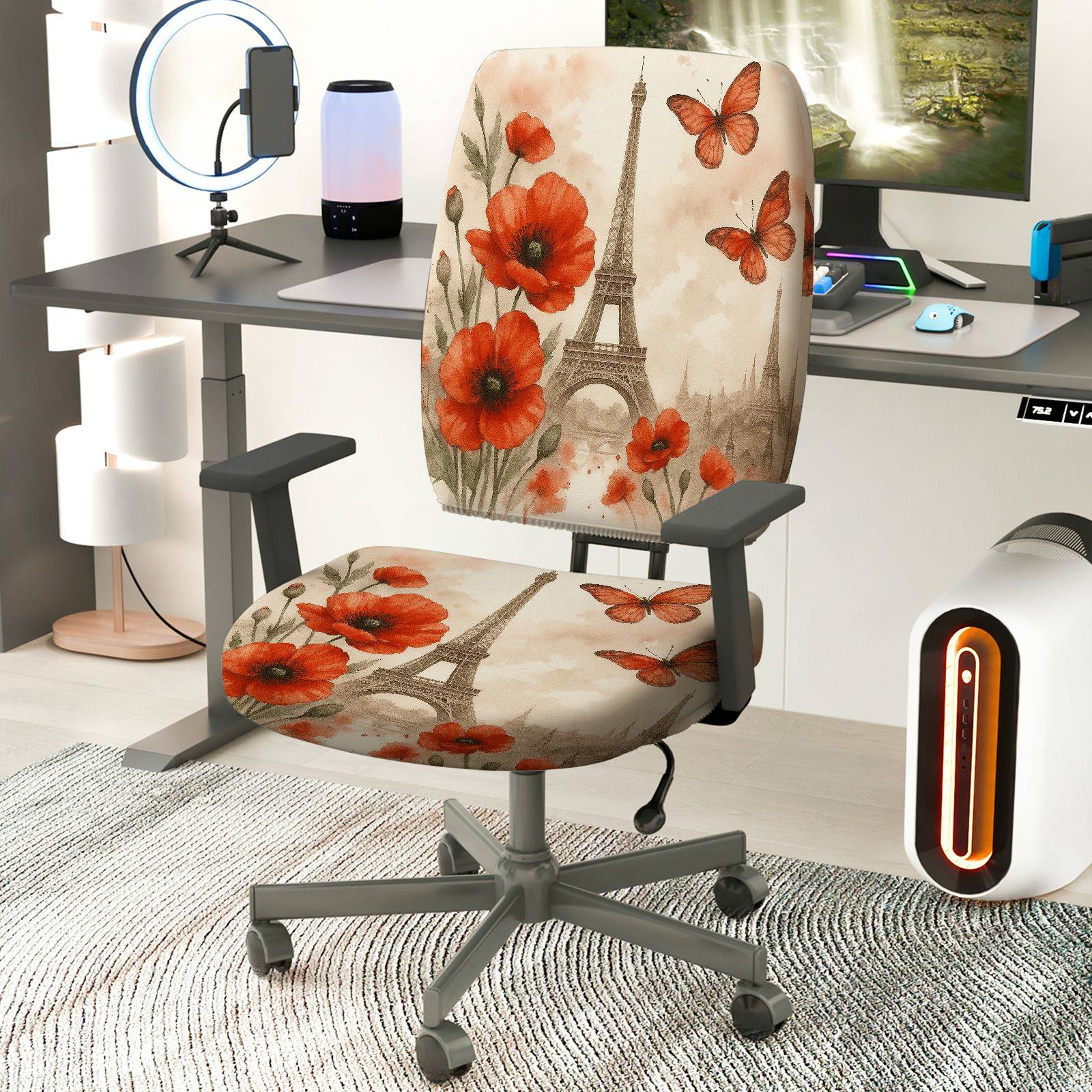 2-Piece Eiffel Tower Butterfly Flower Pattern  Computer Chair Cover Set, Seat and Backrest