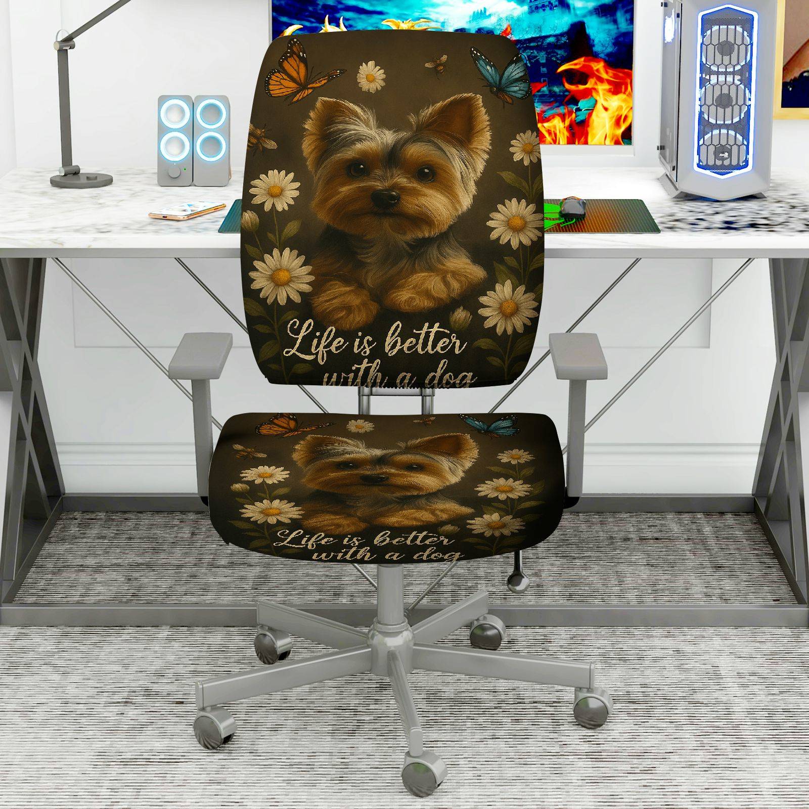 2-Piece Dog Floral Butterfly Phrase  Computer Chair Cover Set, Seat and Backrest