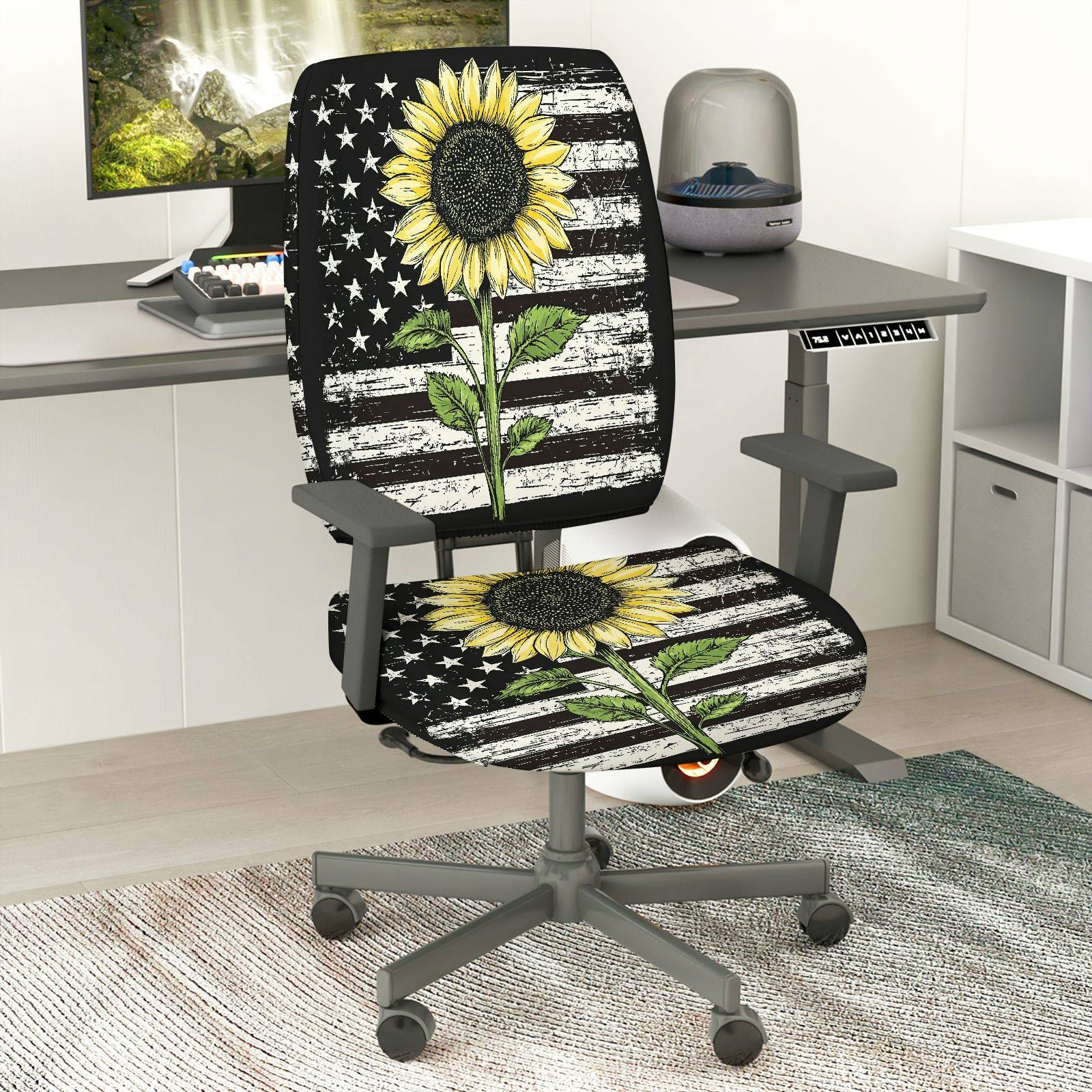 2-Piece Sunflower American Flag Vintage Elegant Stylish Vibrant  Computer Chair Cover Set, Seat and Backrest