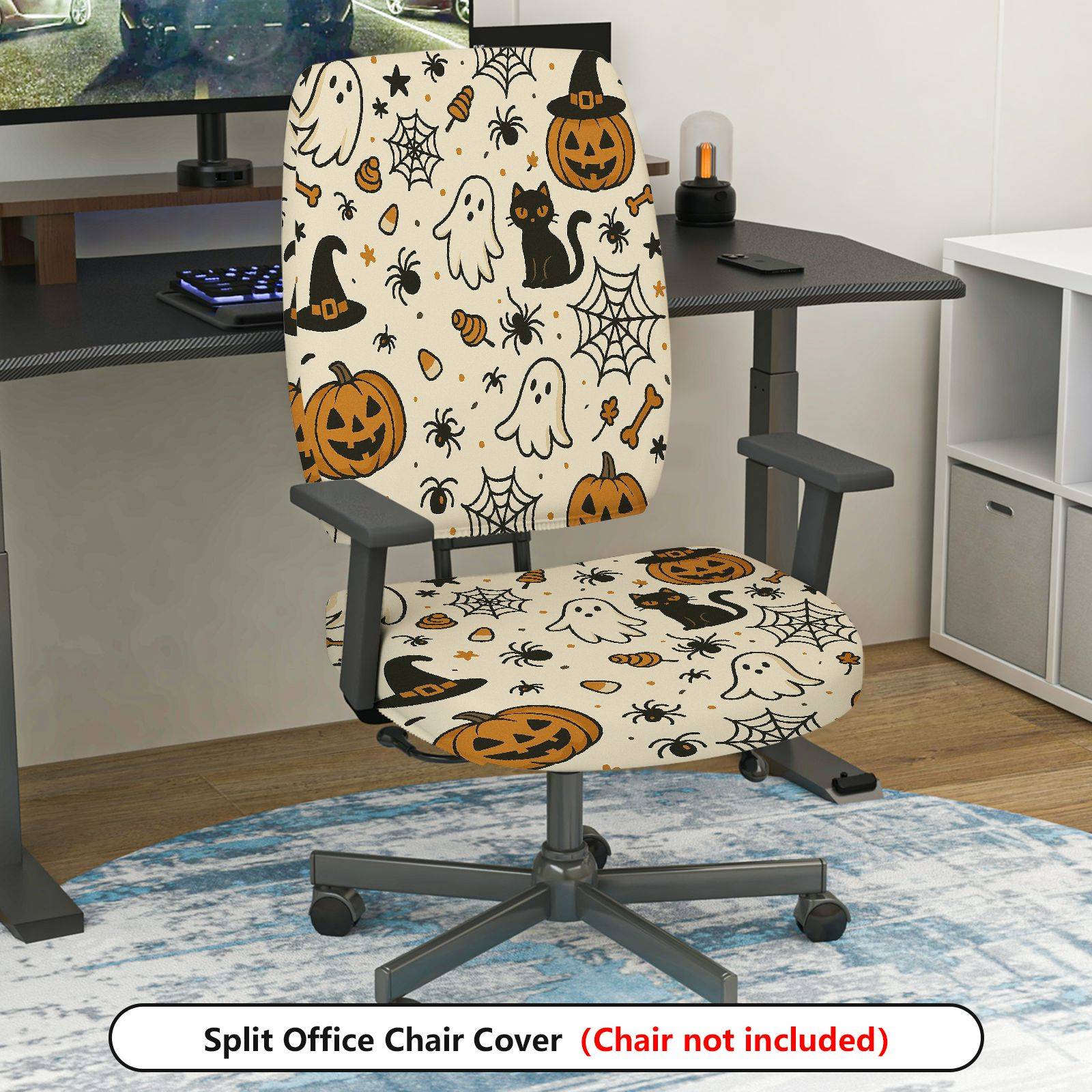2-Piece Halloween Ghost Pumpkin Cat Spider Web  Computer Chair Cover Set, Seat and Backrest