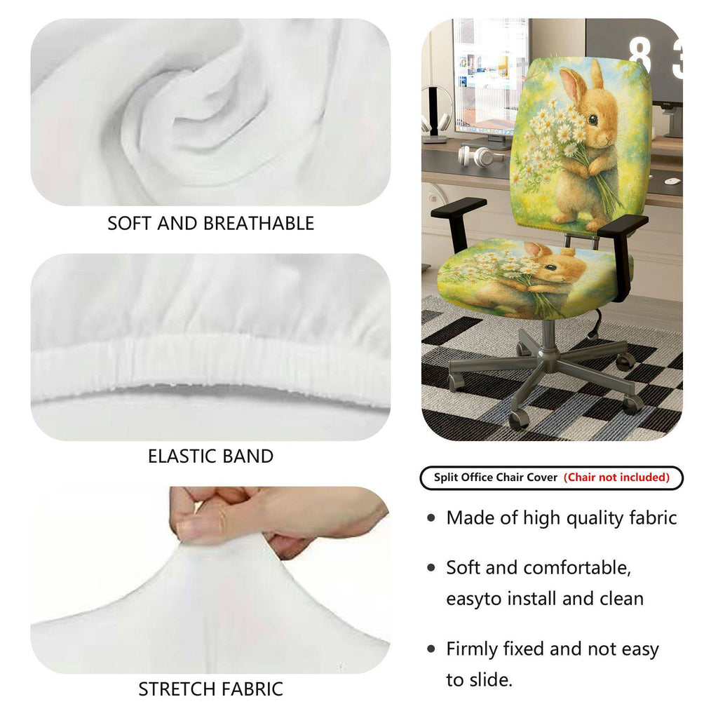 2-Piece Cute Bunny Daisy Floral Spring Summer  Computer Chair Cover Set, Seat and Backrest