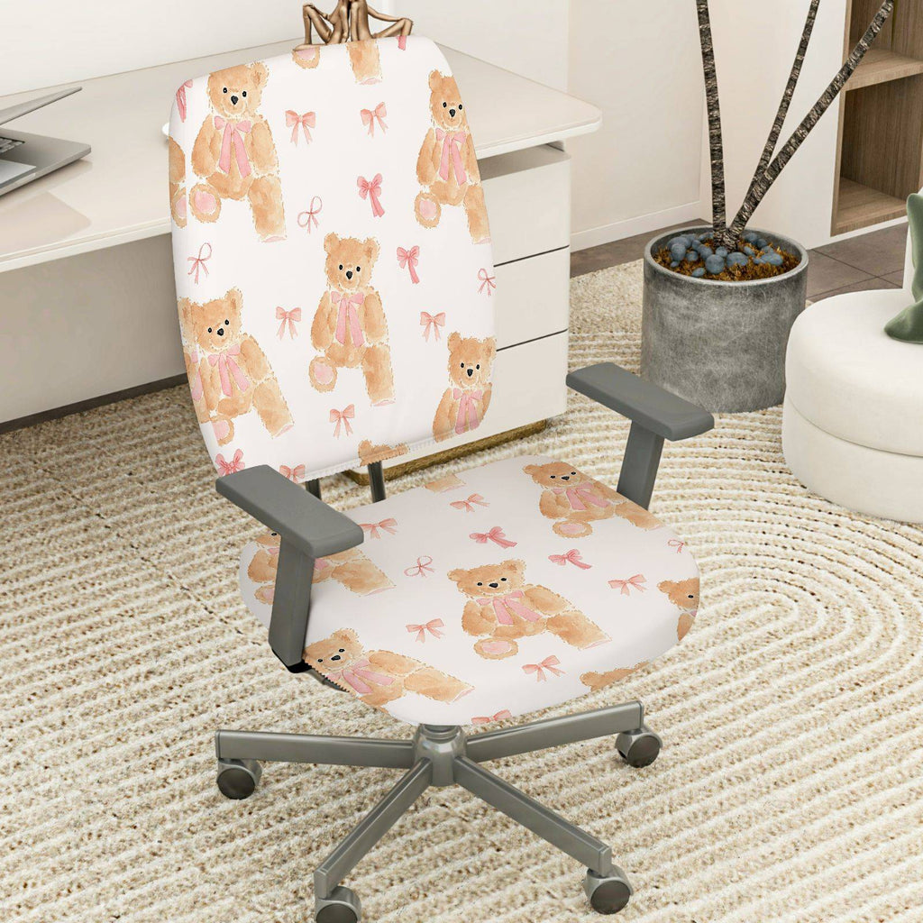 2-Piece Adorable Teddy Bear Pink Ribbon Sweet Cute Fun  Computer Chair Cover Set, Seat and Backrest