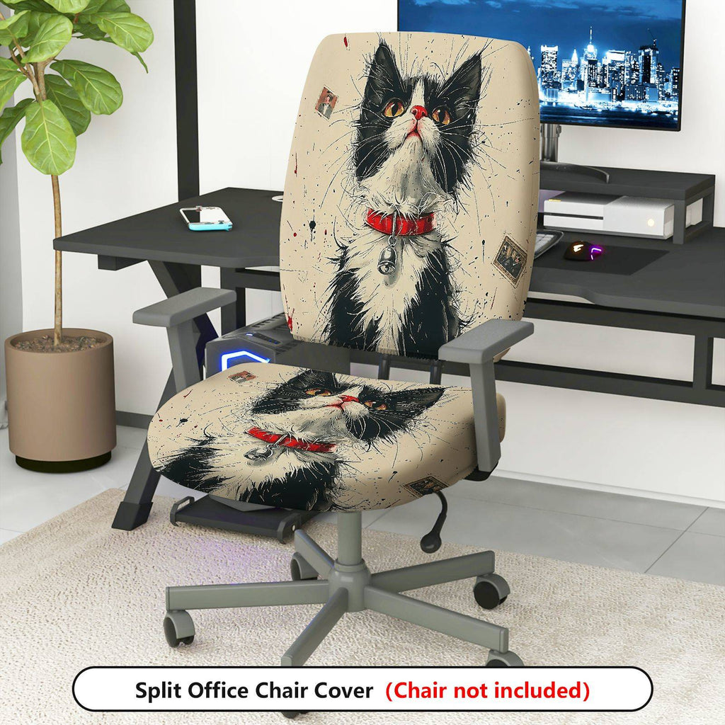 2-Piece Cat Art Vintage Unique Stylish Fun  Computer Chair Cover Set, Seat and Backrest