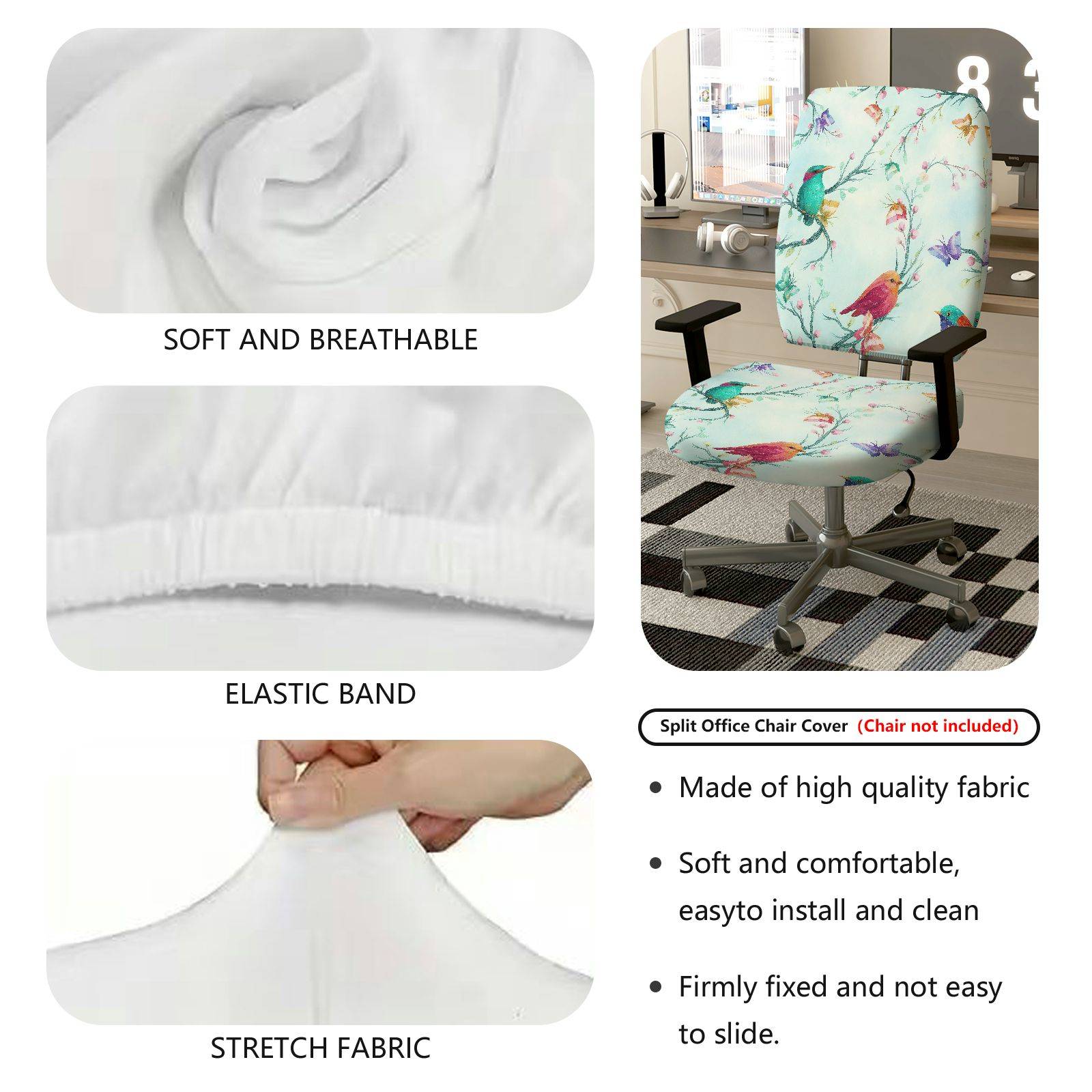 2-Piece Colorful Bird Flower  Computer Chair Cover Set, Seat and Backrest