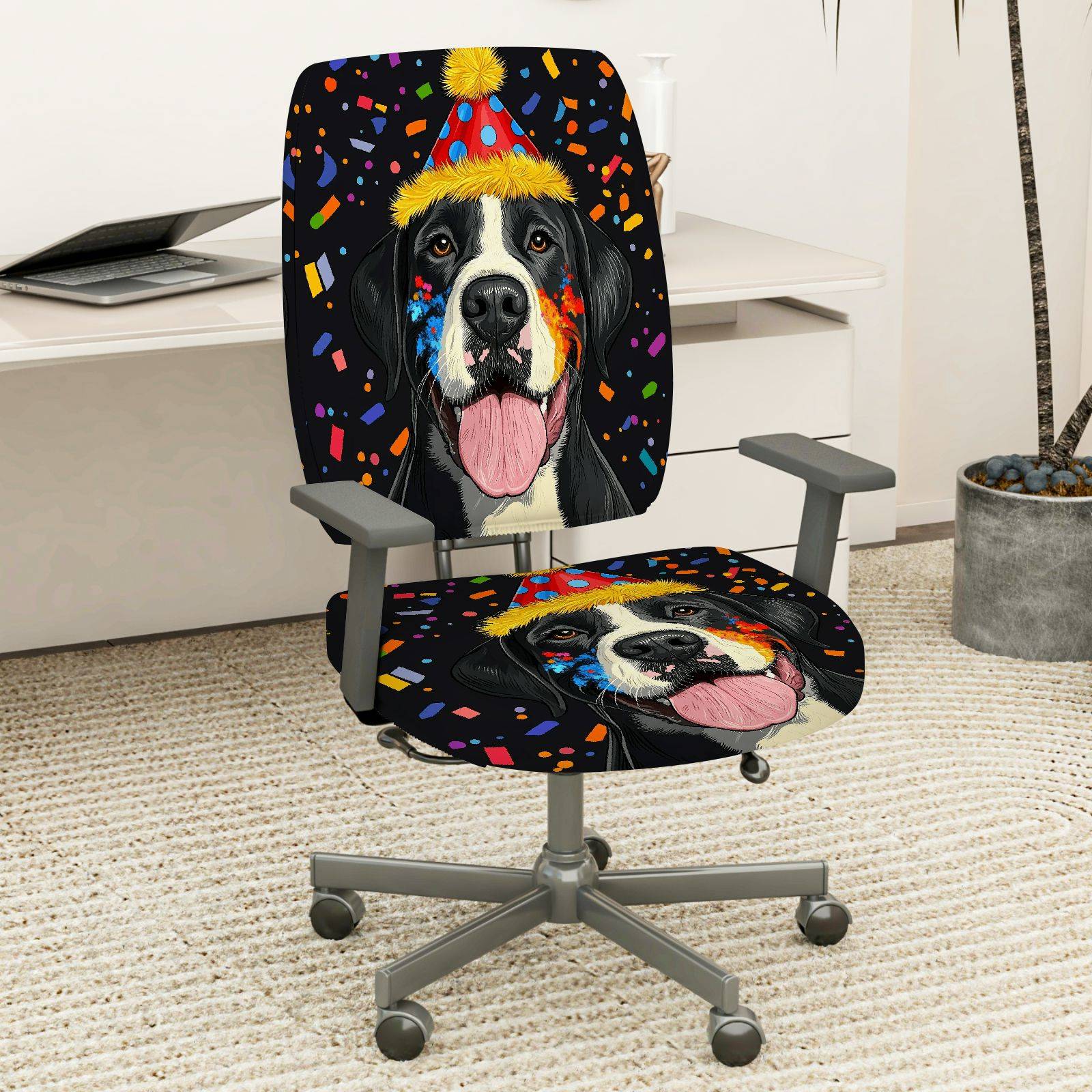 2-Piece Dog Birthday Party Celebration Colorful Festive  Computer Chair Cover Set, Seat and Backrest