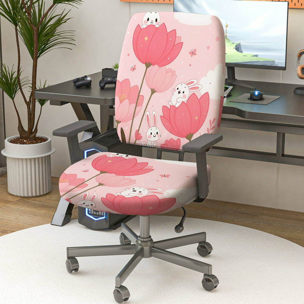 2-Piece Pink Flower Rabbit Cute Spring  Computer Chair Cover Set, Seat and Backrest