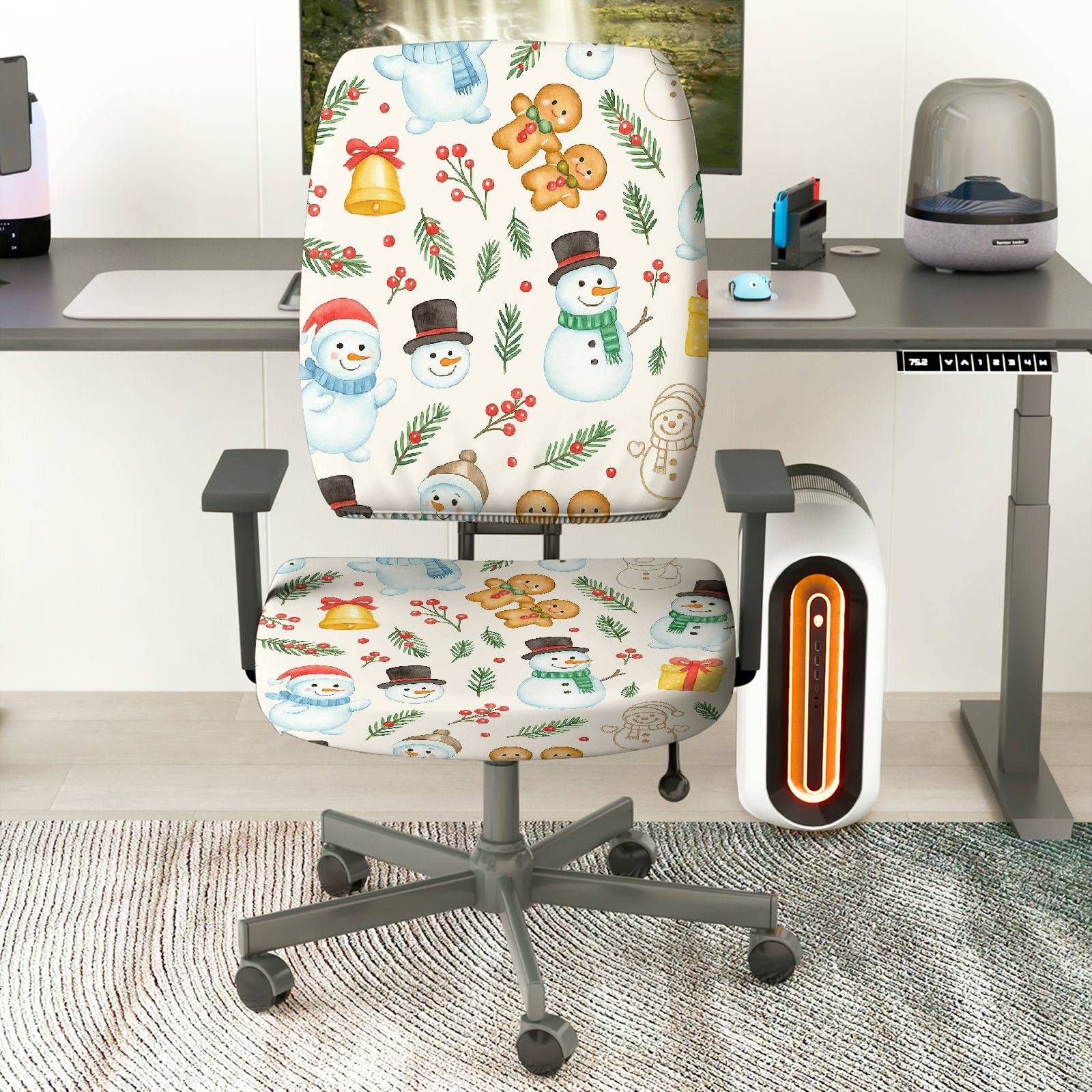 2-Piece Christmas Snowman Gingerbread Bells Holly  Computer Chair Cover Set, Seat and Backrest
