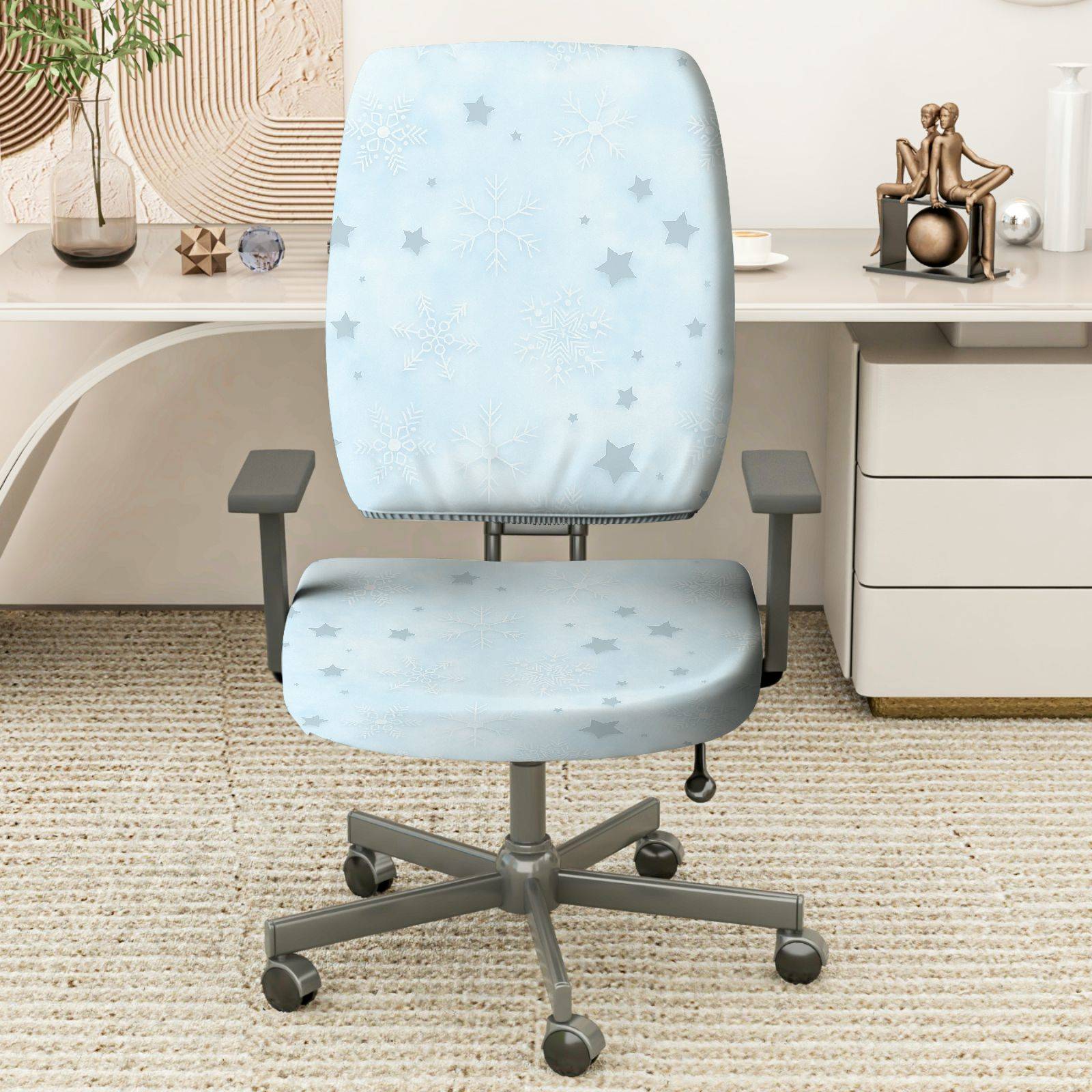 2-Piece Blue Snowflake Star Pattern Winter Christmas  Computer Chair Cover Set, Seat and Backrest