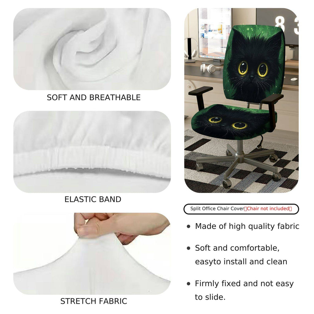 2-Piece Cute Black Cat Green Artistic Vibrant Halloween  Computer Chair Cover Set, Seat and Backrest