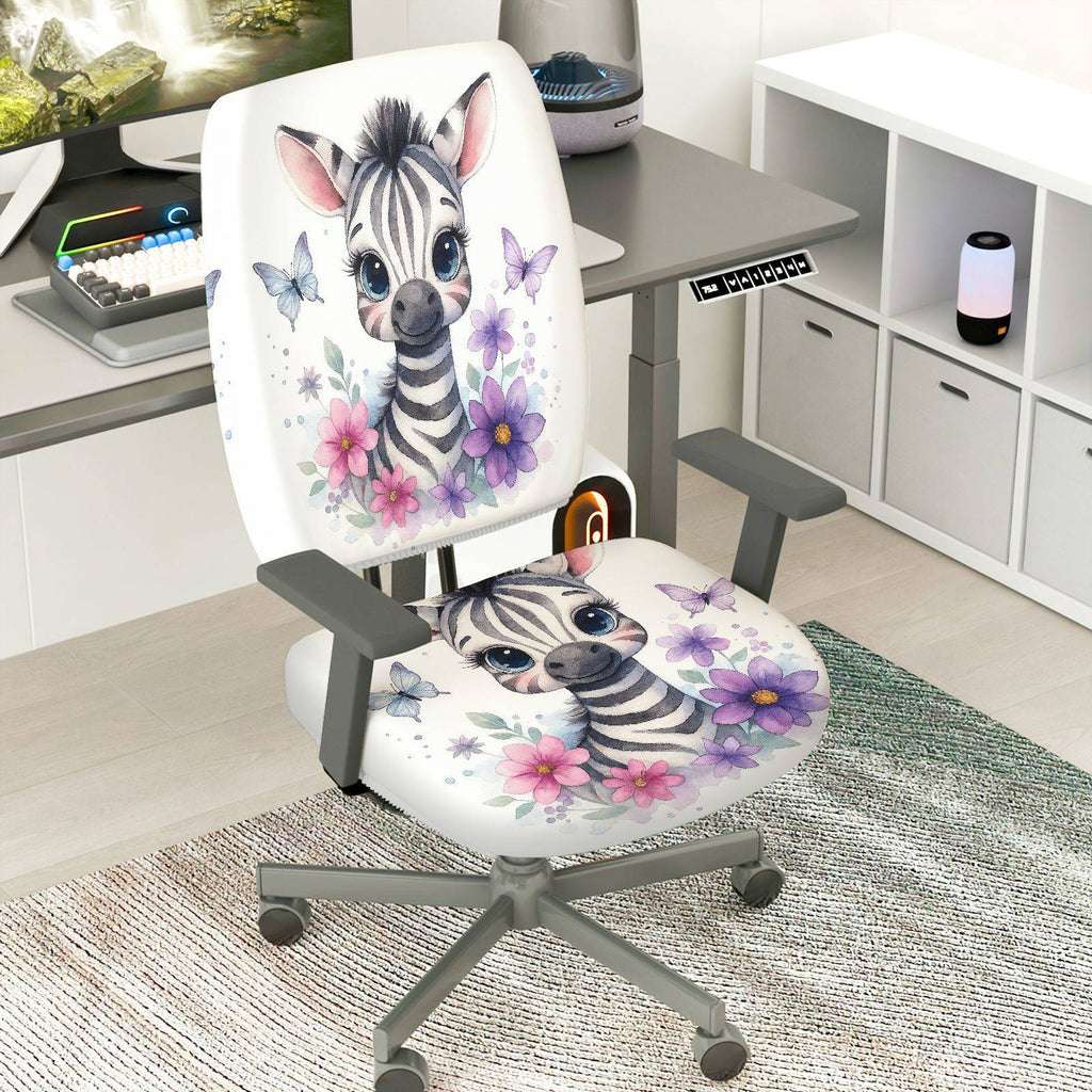 2-Piece Zebra Flower Butterfly Cute  Computer Chair Cover Set, Seat and Backrest