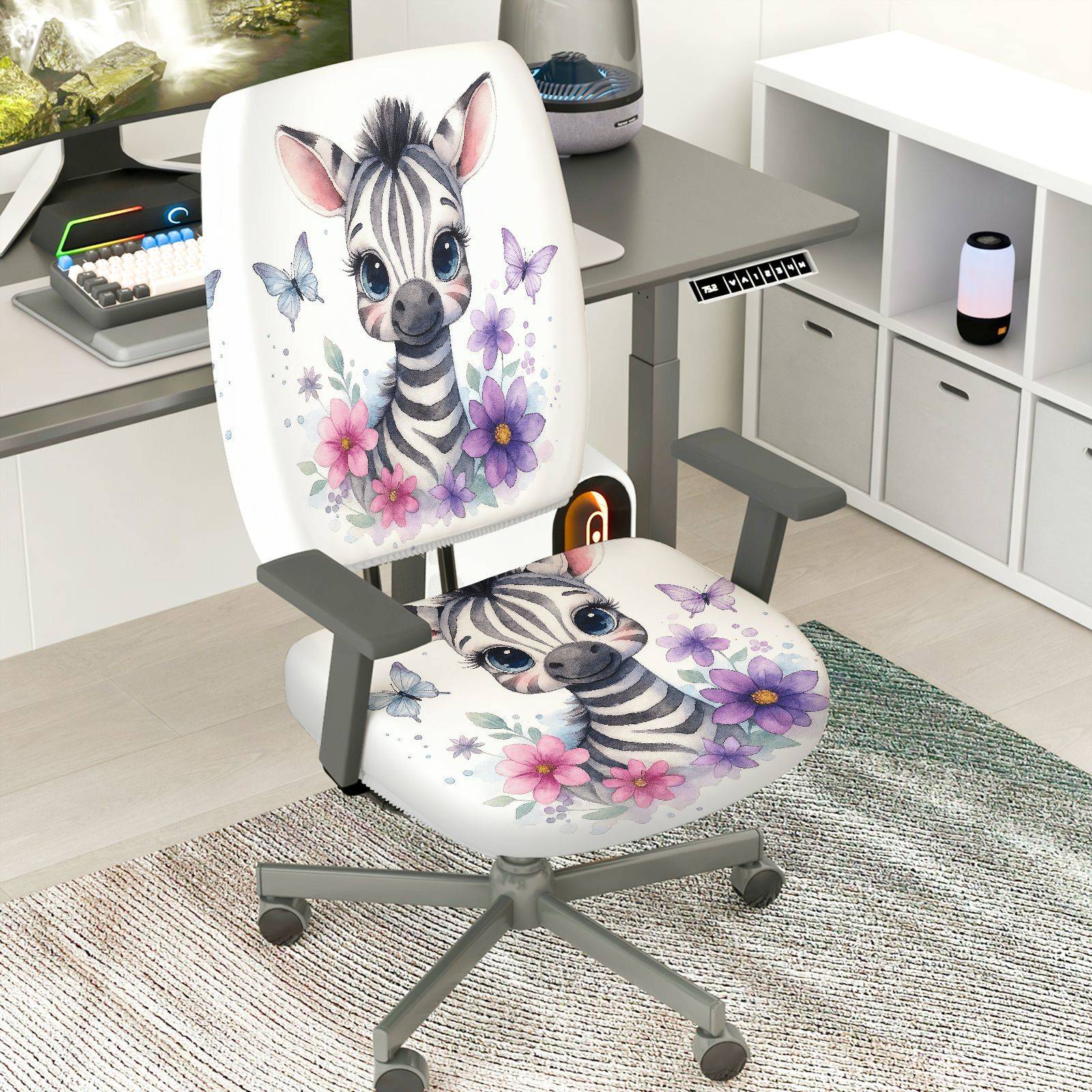 2-Piece Zebra Flower Butterfly Cute  Computer Chair Cover Set, Seat and Backrest