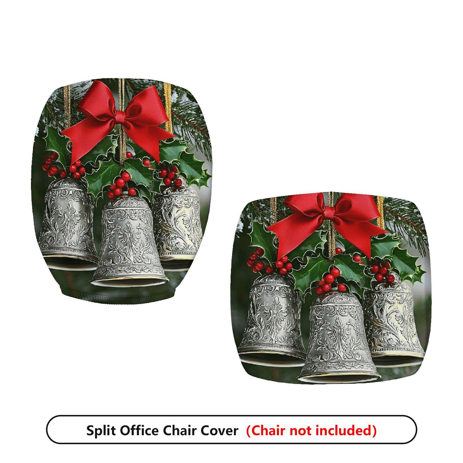2-Piece Christmas Bell Holly Red Bow Holiday  Computer Chair Cover Set, Seat and Backrest
