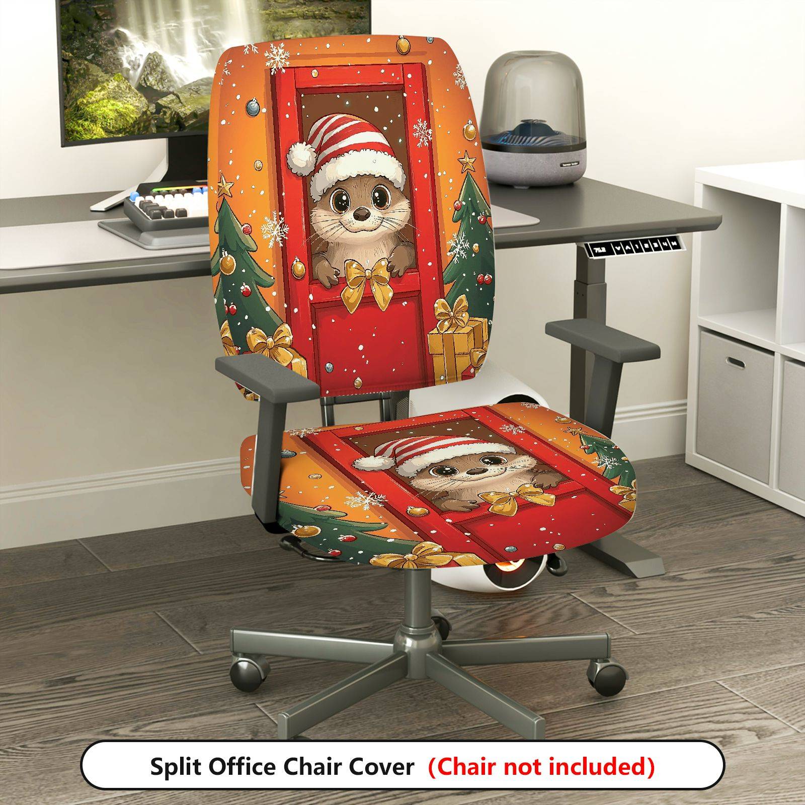 2-Piece Christmas festival home decor snowflake Santa front door  Computer Chair Cover Set, Seat and Backrest