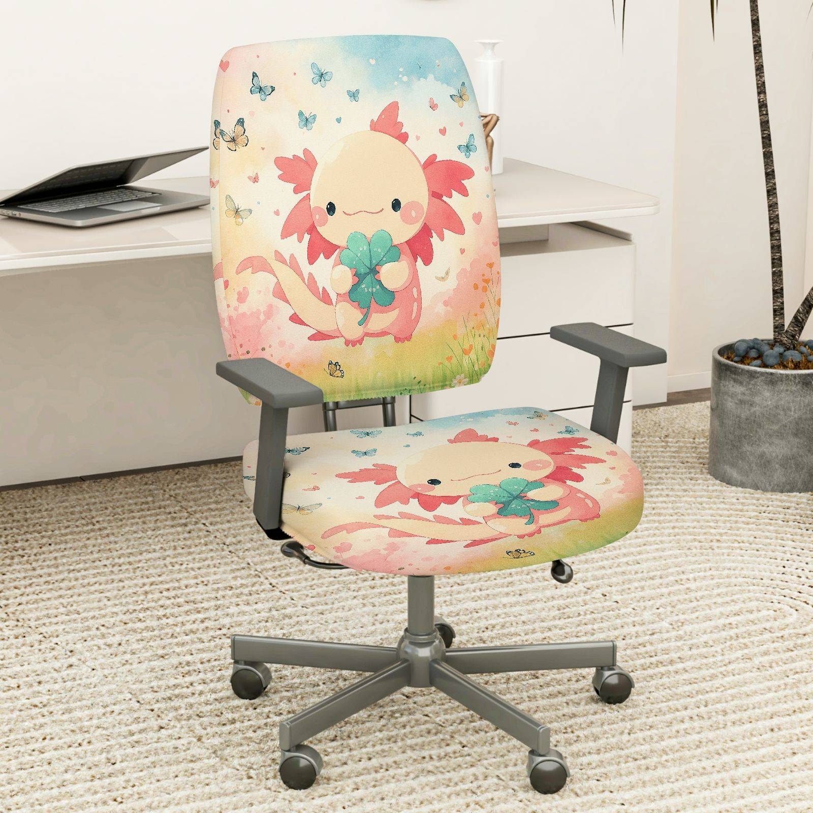 2-Piece Cute Axolotl Clover Flowers Butterflies  Computer Chair Cover Set, Seat and Backrest